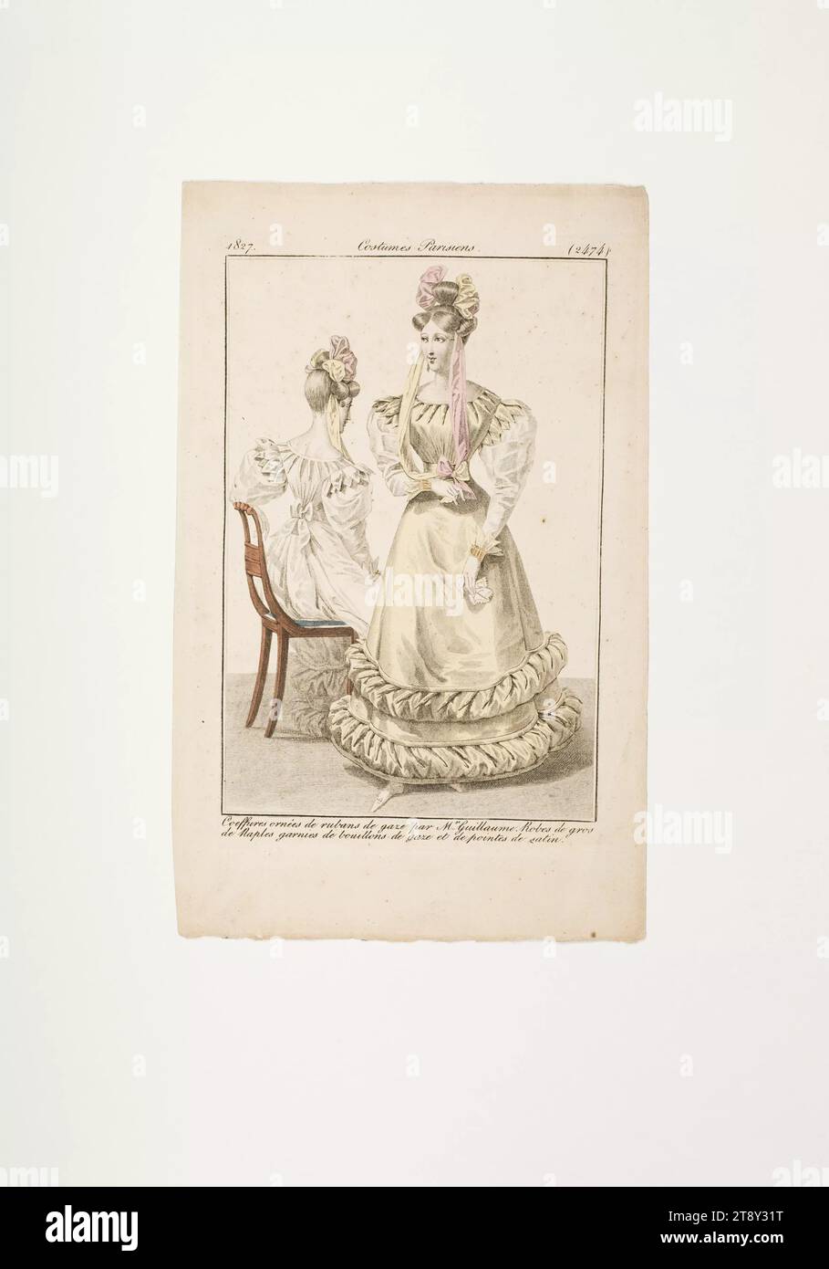Foto della moda: "Due donne parigine con lo stesso taglio di capelli e abiti formali, sconosciuto, 1827, carta, colorata, incisione su piastra di rame, altezza 21, 5 cm, larghezza 13, 3 cm, dimensioni piastra 16 x 10, 6 cm, moda, borghesia, Biedermeier, feste e celebrazioni pubbliche, piatti di moda, copricapo, abiti per le occasioni ufficiali, donna, abito, abito, The Vienna Collection Foto Stock
