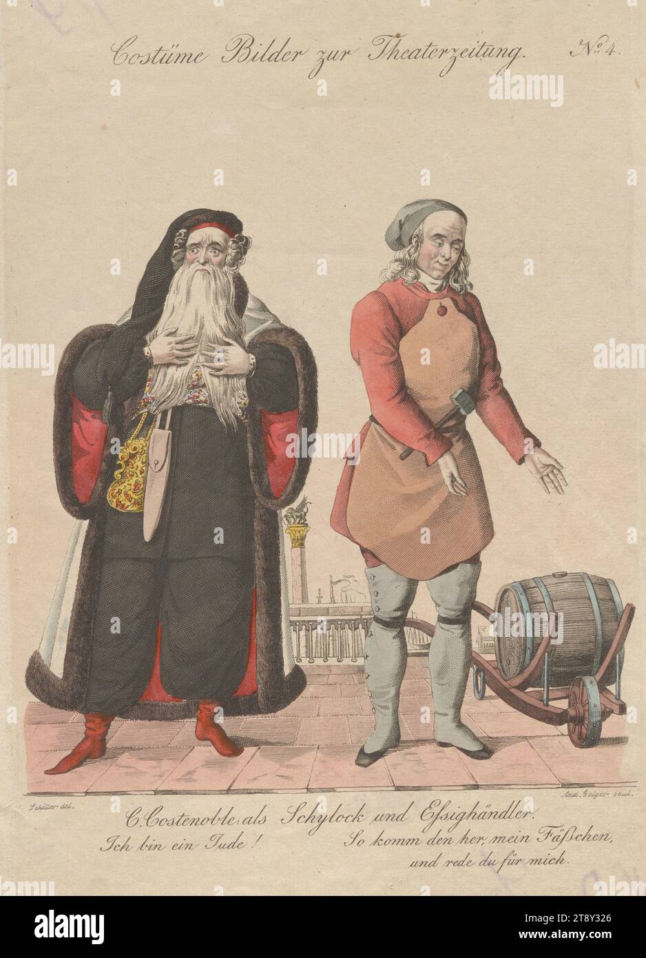 Karl Ludwig Costenoble interpreta Schylok e commerciante di aceto in "il mercante di Venezia" (immagine in costume n.. 4 al giornale di teatro), Andreas Geiger (1765-1856), incisore di rame, 1833, carta, colorato, incisione su piastra di rivestimento, dimensione foglio 23, 1 x 16, 2 cm, teatro, arti dello spettacolo, belle arti, attore (sul palco), la Vienna Collection Foto Stock