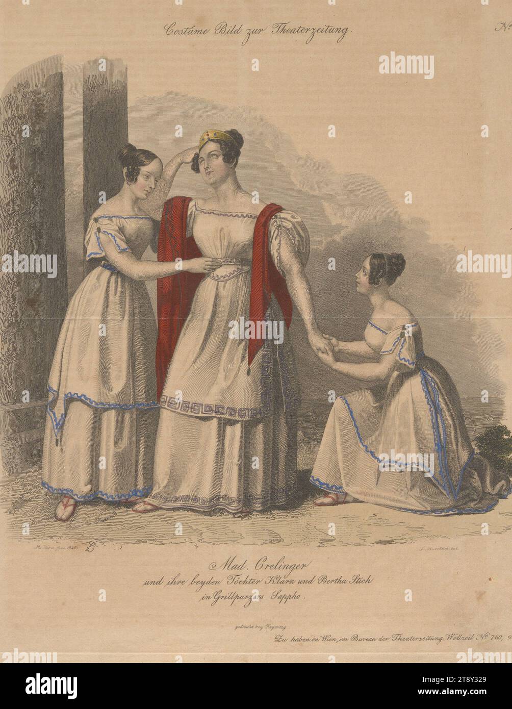 Pazzo. Crelinger e le sue due figlie Klara e Bertha Stich in "Sappho" di Grillparzer (immagine in costume n. 30 per il giornale di teatro), 1835, carta, colorata, incisione su copperplate, dimensioni foglio 27, 4x21, 9 cm, teatro, arti dello spettacolo, belle arti, attore (sul palco), la Vienna Collection Foto Stock