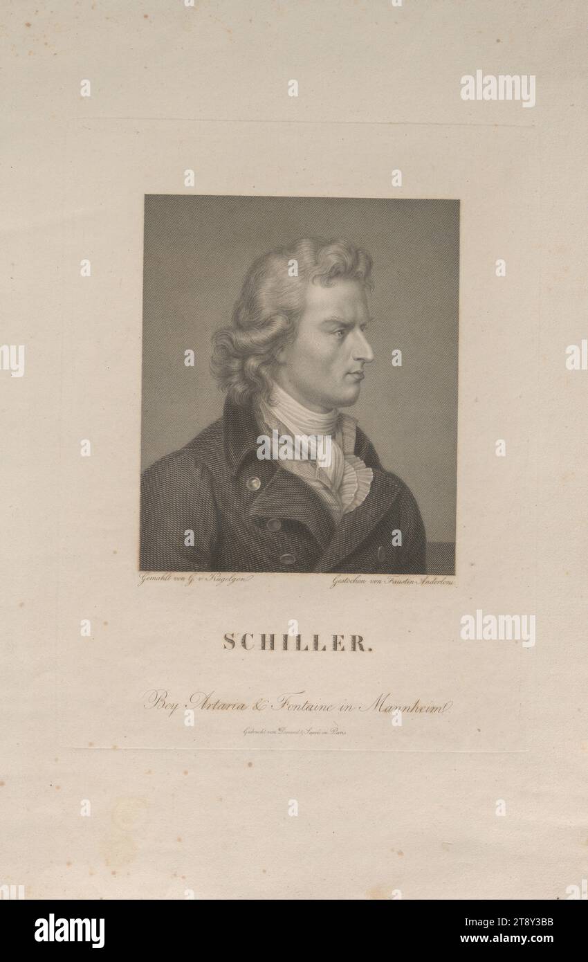 SCHILLER.', Faustino Anderloni (1766-1847), incisore rame, data antecedente al 1847, carta, incisione su piastra di rame, altezza 42, 8 cm, larghezza 29, 1 cm, dimensioni piastra 27, 6x21, 1 cm, iscrizione, 'Gemahlt von G. v. Kügelgen', 'inciso Faustin Anderloni.', 'Bey Artaria & Fontaine in Mannheim.', 'Printed by Durand & Sauvé in Paris.', fine Arts, Estate Constantin von Wurzbach, ritratto, uomo, The Vienna Collection Foto Stock