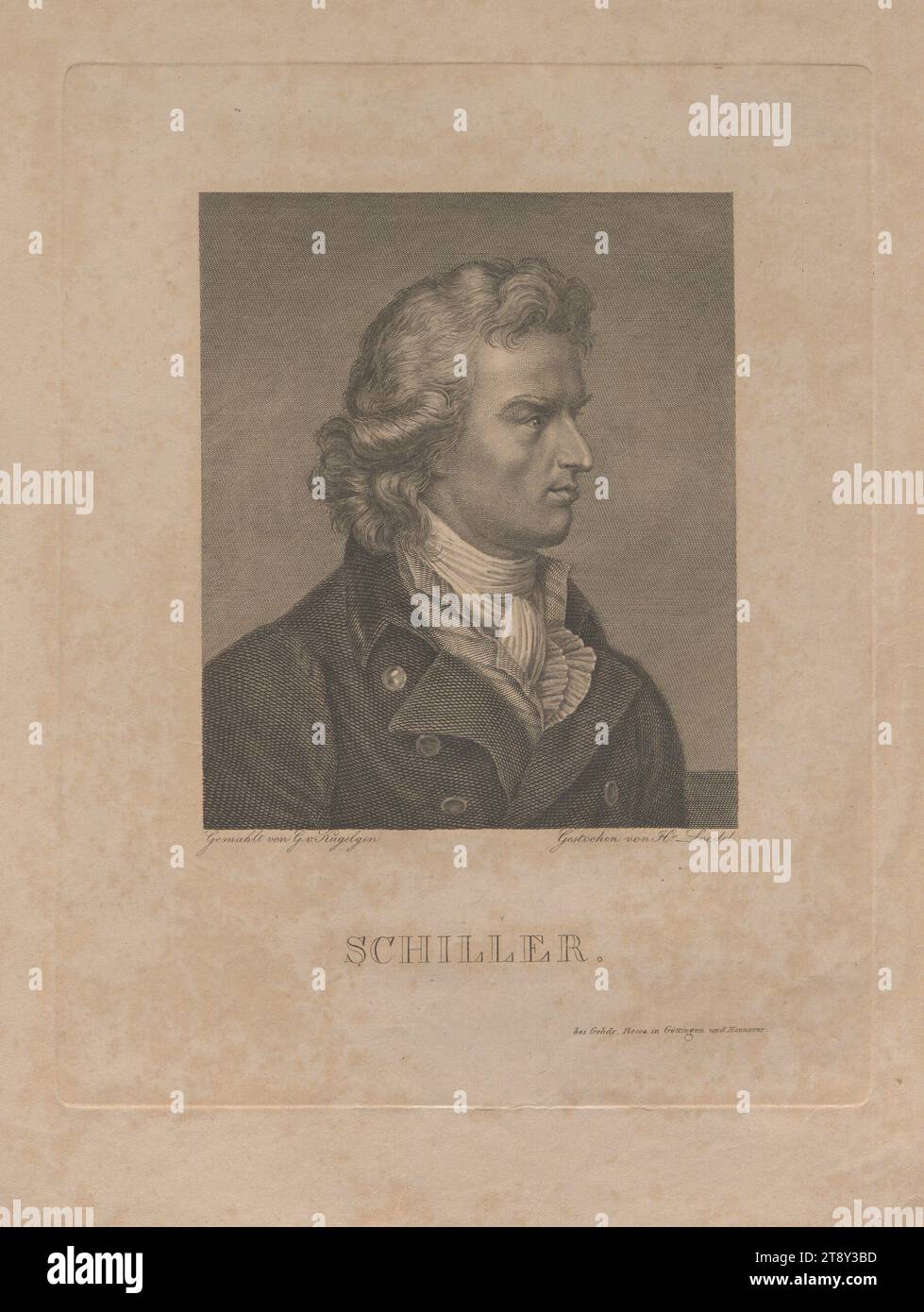 SCHILLER.', data intorno al 1850, carta, incisione su lastre di rame, altezza 35 cm, larghezza 27 cm, dimensioni piastra 27 x 21, 4 cm, iscrizione, "Gemahlt von G. v. Kügelgen", "Gestochen Von HR. Loedel.", "bei Gebdr. Rocca in Göttingen und Hannover.', Belle Arti, tenuta Constantin von Wurzbach, ritratto, uomo, scrittore, poeta, autore, The Vienna Collection Foto Stock