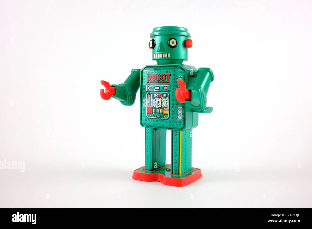 robot verde su sfondo bianco Foto Stock