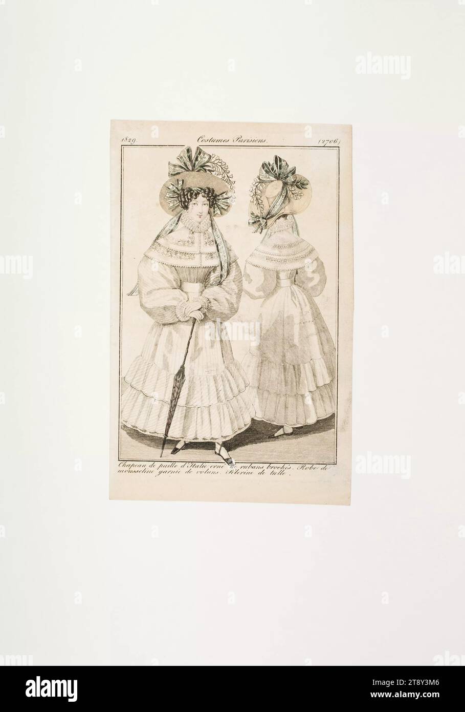Foto di moda: Due figure, abiti in mussola bianco con maniche di prosciutto, sconosciuto, 1829, carta, colorata, incisione su piastra di rame, altezza 19, 4 cm, larghezza 12, 3 cm, dimensioni piastra 17, 5 x 11, 2 cm, moda, borghesia, Biedermeier, piatti alla moda, copricapo, donna, vestito, abito, la Vienna Collection Foto Stock