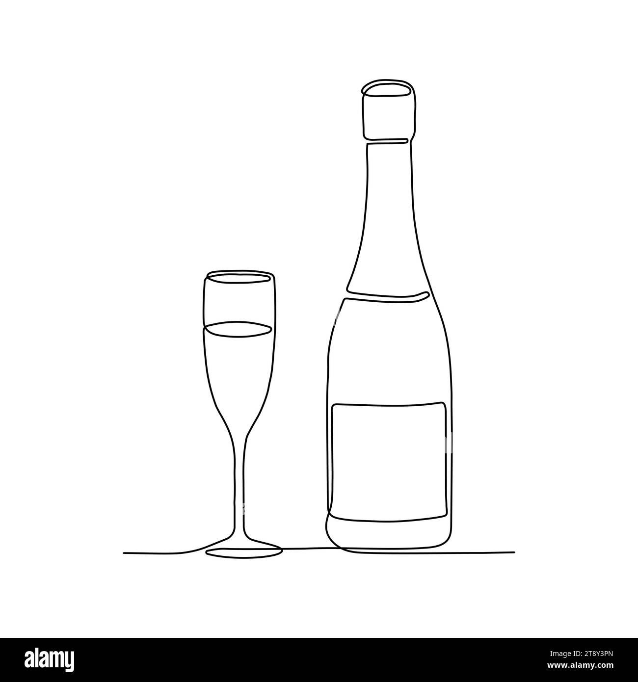Champagne. Bottiglia di vino frizzante e bicchiere. Disegno continuo a una linea. Minimalismo. Illustrazione vettoriale. Illustrazione Vettoriale