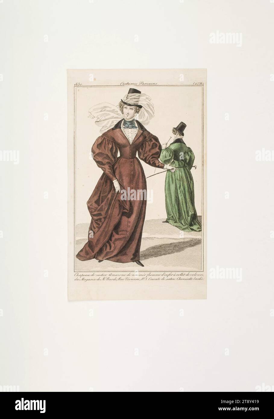 Foto di moda: Due figure, abiti da equitazione, sconosciuto, 1830, carta, colorato, incisione su piastra di rivestimento, altezza 19, 9 cm, larghezza 12 cm, dimensioni piastra 17, 9 x 11, 3 cm, moda, borghesia, Biedermeier, tempo libero e ricreativo, Sport, piatti alla moda, attrezzature per la testa, donna, vestito, abito, la Vienna Collection Foto Stock