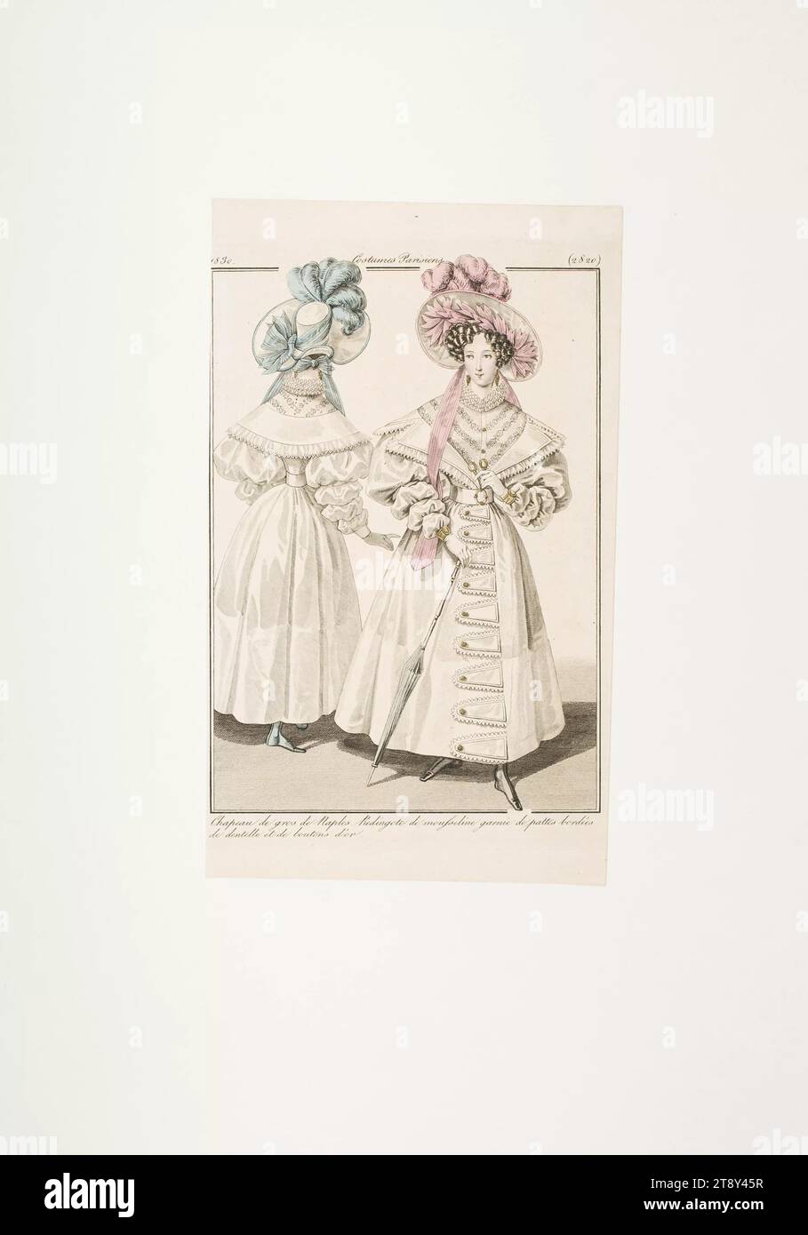 Foto di moda: Due figure, Redingoten, sconosciuto, 1830, carta, colorato, incisione su lastre di rame, altezza 19, 9 cm, larghezza 11, 8 cm, dimensioni piastra 18 x 11, 5 cm, moda, borghesia, Biedermeier, piatti alla moda, copricapo, donna, vestito, abito, la Vienna Collection Foto Stock