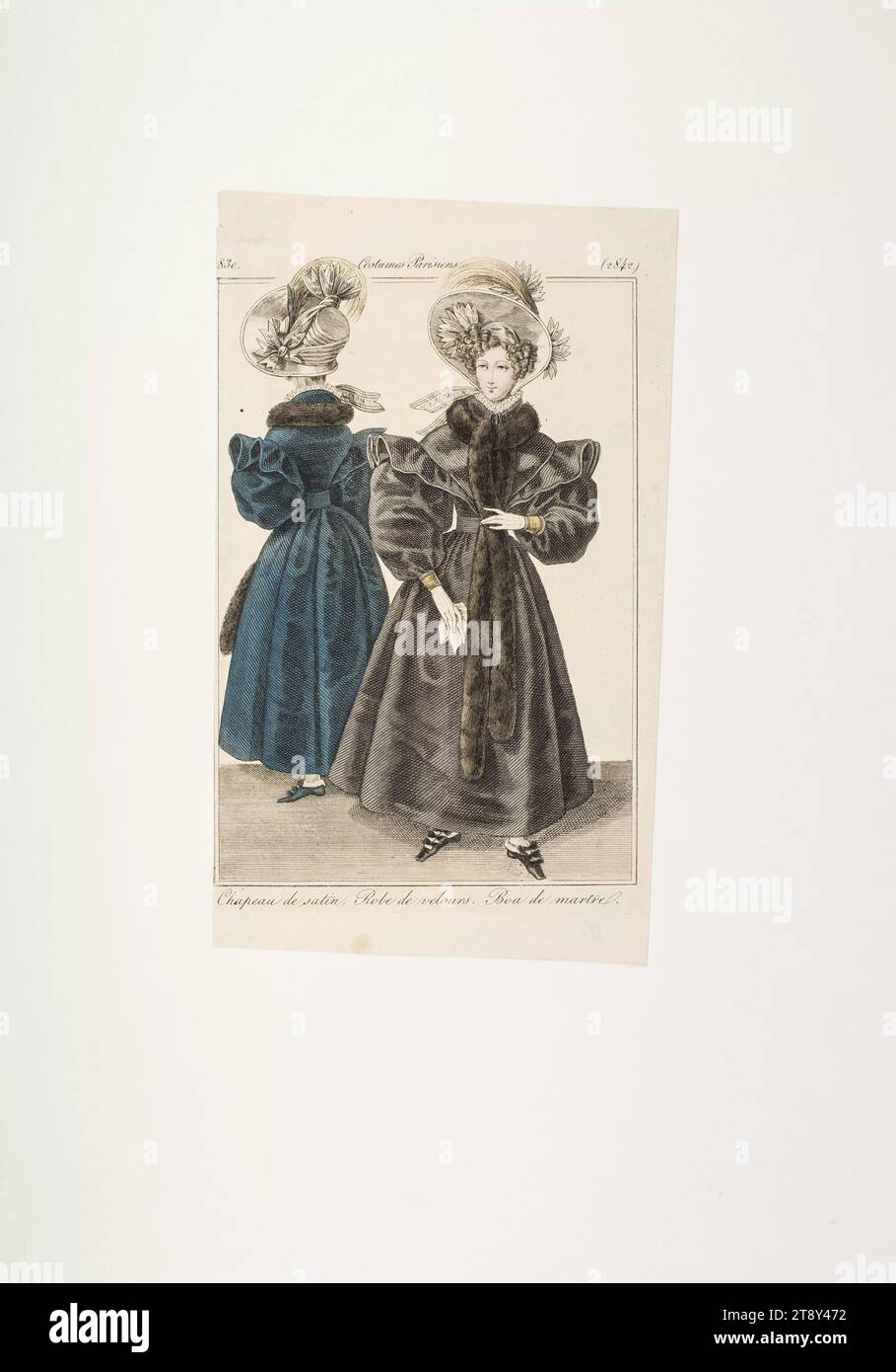 Immagine della moda: Due figure, abiti in velluto con boa di marten, sconosciuto, 1830, carta, colorata, incisione su piastra di rame, altezza 19, 9 cm, larghezza 11, 6 cm, dimensioni piastra 17, 5 x 11, 3 cm, moda, borghesia, Biedermeier, piatti alla moda, copricapo, donna, vestito, abito, la Vienna Collection Foto Stock