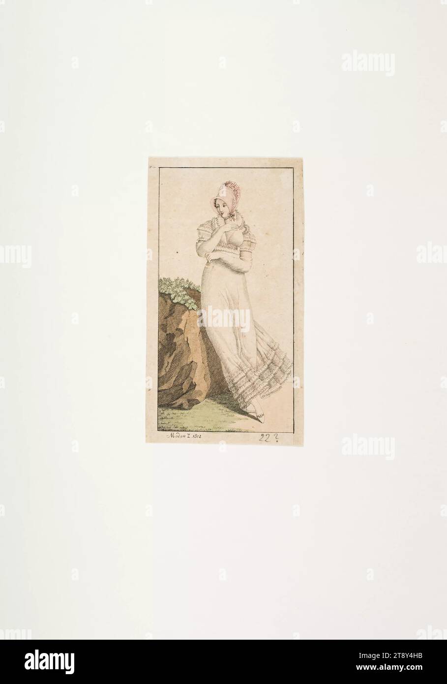 Foto della moda: Una figura, moda femminile, sconosciuto, 1812, carta, colorato, incisione su piastra di rivestimento, dimensioni piastra 15, 1 x 8, 4 cm, moda, borghesia, piatti di moda, copricapo, donna, abito, abito, la Vienna Collection Foto Stock