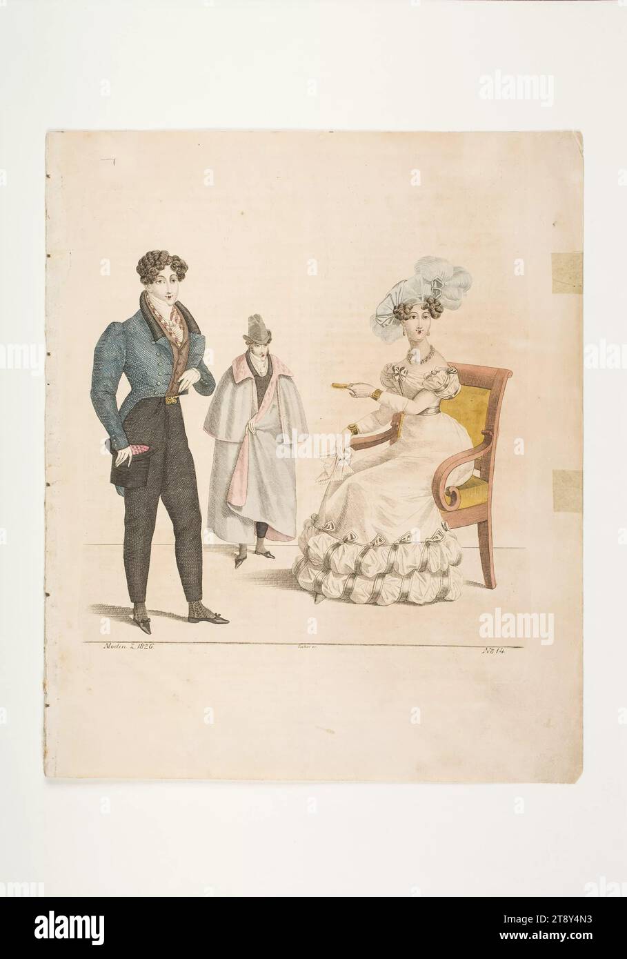 Foto di moda: Tre figure, abiti da uomo e da donna, sconosciuto, 1826, carta, colorata, incisione su piastra di rame, altezza 24, 4 cm, larghezza 20, 3 cm, dimensioni piastra 20 x 16, 8 cm, moda, borghesia, Biedermeier, tavole moda, copricapo, dandy, bello, cappotto, donna, uomo, vestito, abito, la Vienna Collection Foto Stock