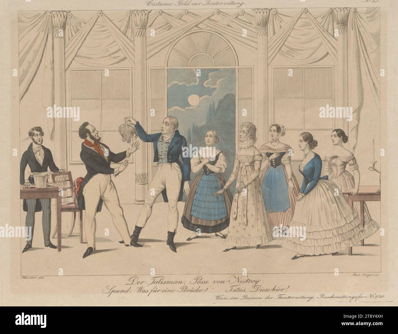 Il Talisman'. Posse di Nestroy; Carl Carl come bung, Johann Nestroy come Titus Feuerfuchs e altri (immagine in costume n. 85 per il giornale di teatro), Andreas Geiger (1765-1856), incisore, 1841, paper, colorato, incisione su copperplate, dimensioni foglio 24 x 30 cm, teatro, arti dello spettacolo, belle arti, ritratto, attore (sul palco), Johann Nestroy, Carl (Karl Andreas von Bernbrunn)., The Vienna Collection Foto Stock