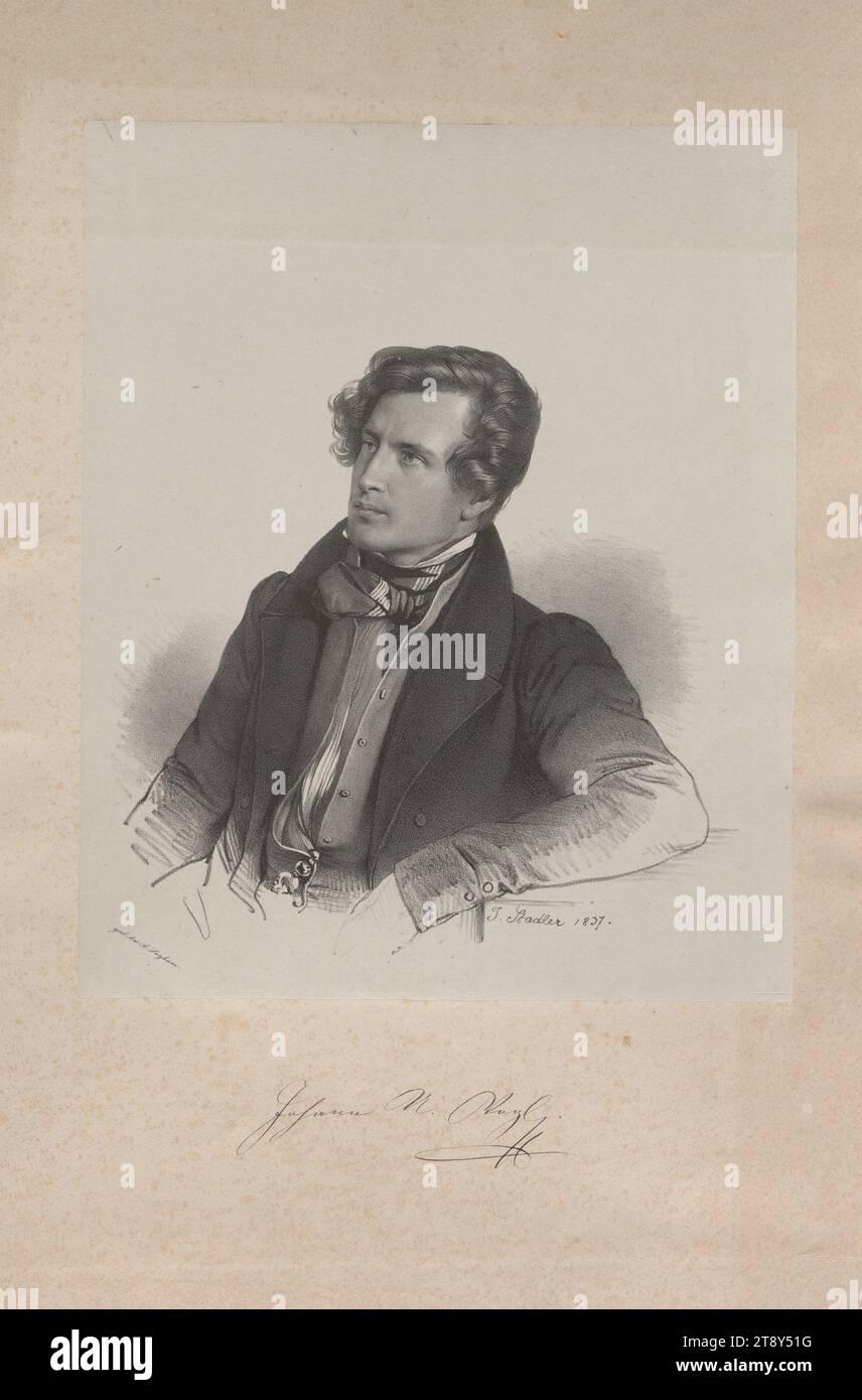 Johann N. Vogl', Johann Stadler (1804-1859), artista, Johann Rauh (1803-1863), tipografo, 1837, carta, litografia, altezza 41 cm, larghezza 27,6 cm, iscrizione: "ged. bei A. Leykum.', 'J. Stadler 1837.', belle arti, tenuta di Constantin von Wurzbach, ritratto, uomo, scrittore, poeta, autore, The Vienna Collection Foto Stock