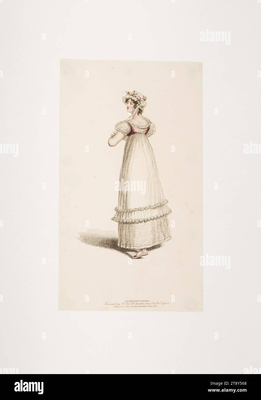 Immagine della moda: Una figura, abito pomeridiano, sconosciuto, 1815, carta, colorato, incisione su piastra di rivestimento, dimensioni piastra 22, 6 x 13, 2 cm, moda, borghesia, Biedermeier, piatti di moda, copricapo, donna, vestito, abito, la Vienna Collection Foto Stock