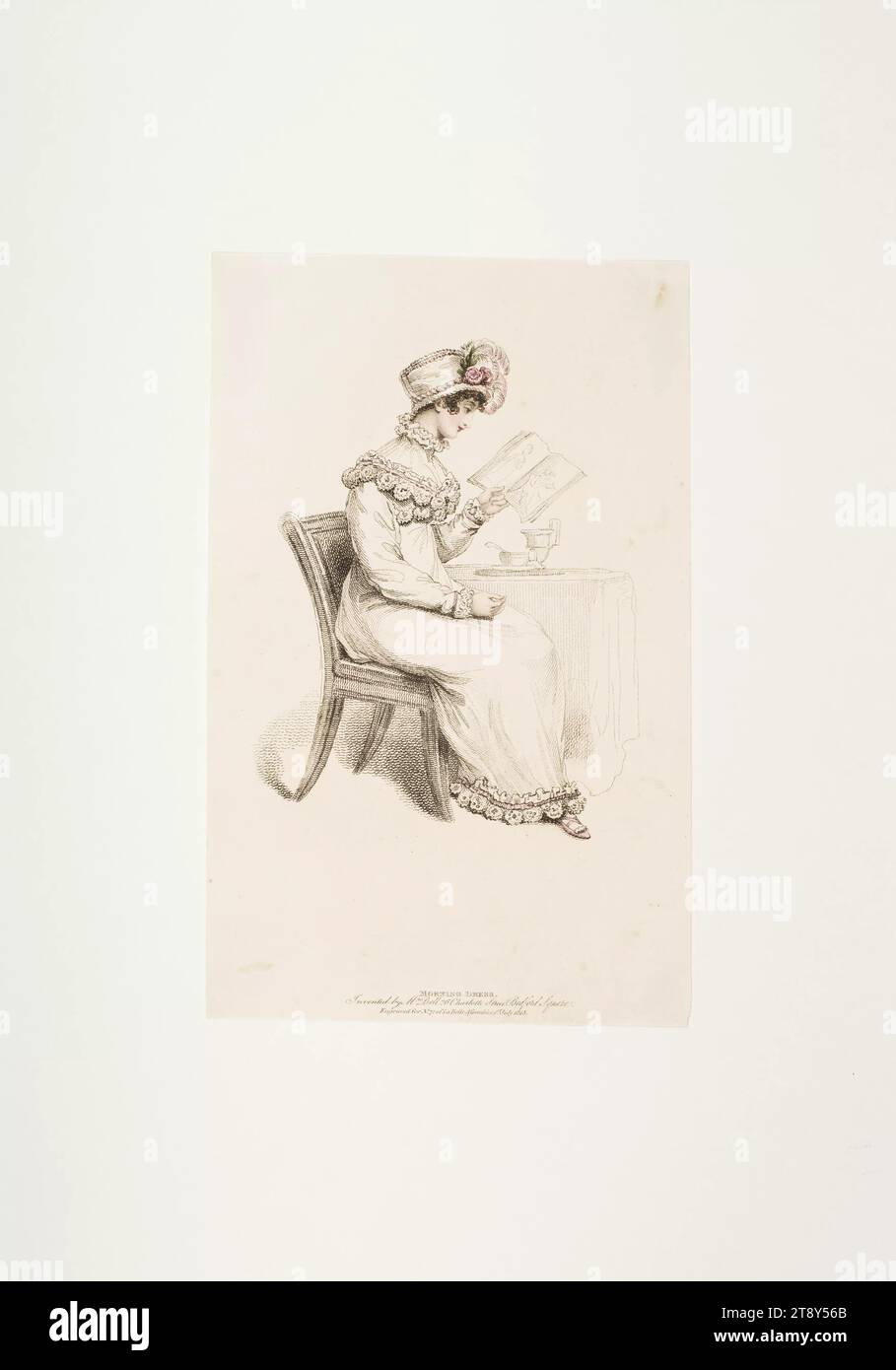 Immagine di moda: Una figura, abito mattutino, sconosciuto, 1815, carta, colorato, incisione su copperplate, dimensioni lastra 20,2x 12,8 cm, moda, borghesia, Biedermeier, piatti di moda, copricapo, donna, abito, abito, la Vienna Collection Foto Stock