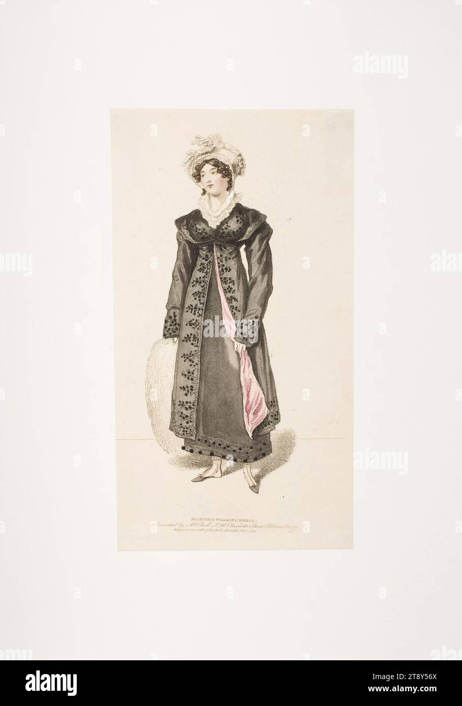 Immagine di moda: Una figura, abito da passeggio mattutino, sconosciuto, 1815, carta, colorato, incisione su copperplate, dimensioni piastra 22 x 12, 1 cm, moda, borghesia, Biedermeier, piatti alla moda, copricapo, donna, abito, abito, la Vienna Collection Foto Stock