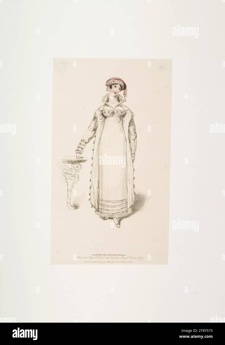 Foto della moda: Un personaggio, un abito per le cene, sconosciuto, 1816, carta, colorata, incisione su piastra di rame, dimensioni piastra 21, 7 x 12, 4 cm, moda, borghesia, Biedermeier, vita notturna, piatti alla moda, copricapo, donna, vestito, abito, la Vienna Collection Foto Stock