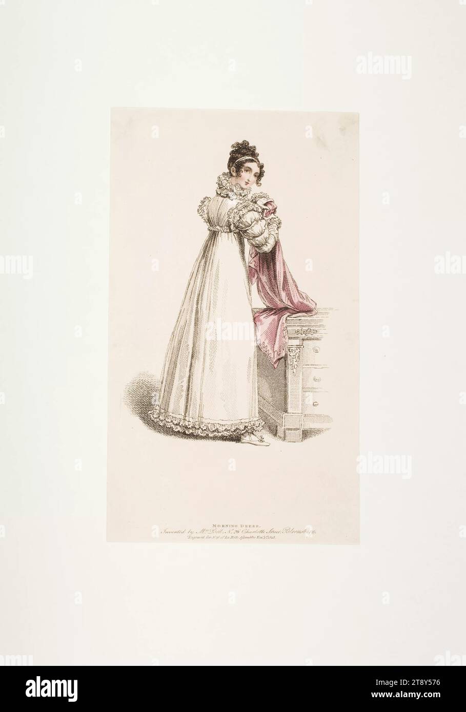 Foto di moda: Una figura, abito mattutino, sconosciuto, 1815, carta, colorato, incisione su copperplate, dimensioni piastra 22 x 12, 9 cm, moda, borghesia, Biedermeier, piatti alla moda, copricapo, donna, abito, abito, la Vienna Collection Foto Stock
