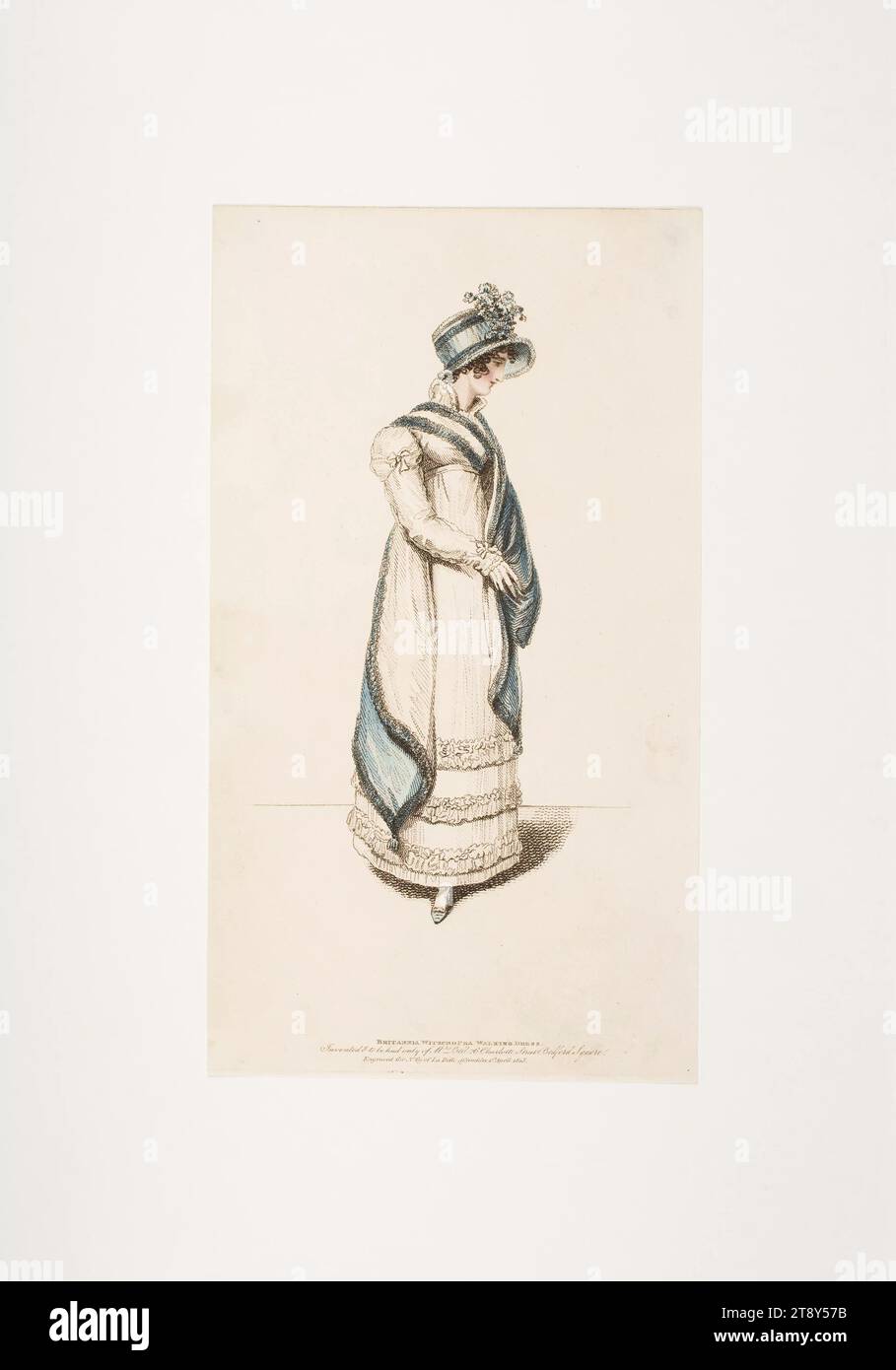 Immagine della moda: Una figura, un vestito fuori, sconosciuto, 1815, carta, colorato, incisione su copperplate, dimensione piastra 23, 1 x 13 cm, moda, borghesia, Biedermeier, piatti alla moda, copricapo, donna, abito, abito, la Vienna Collection Foto Stock