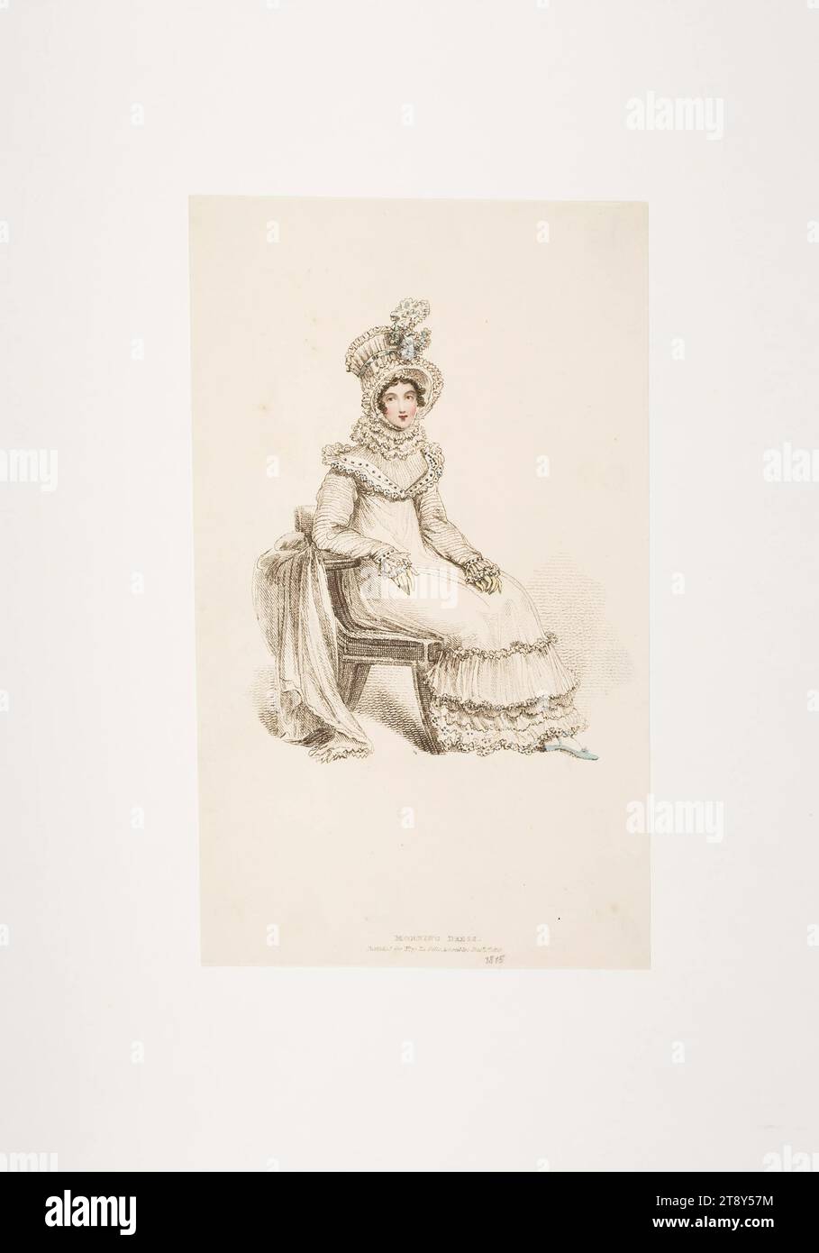 Foto di moda: Una figura, abito mattutino, sconosciuto, 1815, carta, colorato, incisione su copperplate, dimensioni piastra 22, 2 x 13 cm, moda, borghesia, Biedermeier, piatti di moda, copricapo, donna, abito, abito, la Vienna Collection Foto Stock