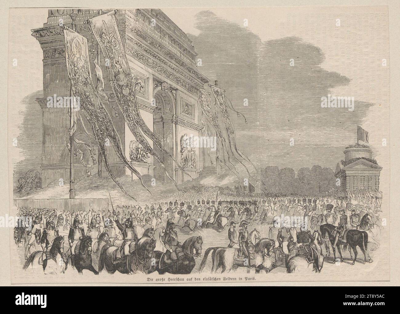 Il grande spettacolo dell'esercito sui campi Elisi a Parigi." (1848), sconosciuto, data successiva al 1848, carta, incisione su legno, altezza 16,8 cm, larghezza 23,2 cm, militare, belle arti, rivoluzioni di 1848, 1849, parata militare, concorso, arco trionfale, il soldato; la vita del soldato, la Vienna Collection Foto Stock