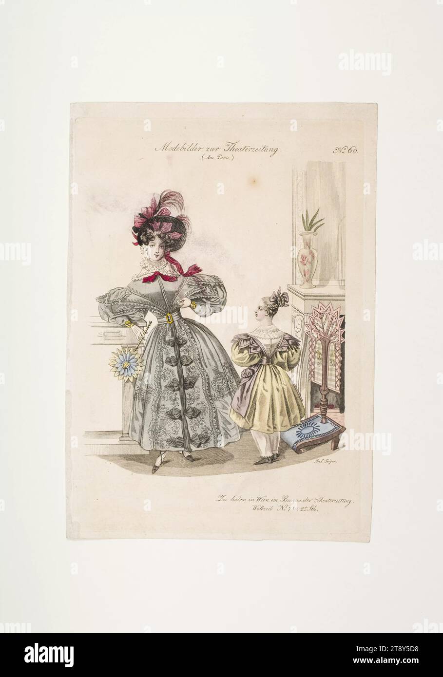 Foto di moda: Due figure, abito da donna e bambino, sconosciuto, 1832, carta, colorata, incisione su piastra di rame, altezza 23, 4 cm, larghezza 16, 4 cm, dimensioni piastra 22, 1 x 15, 5 cm, moda, borghesia, Biedermeier, piatti di moda, copricapo, moda, vestiti (+ vestiti da ragazza), vestito da ragazza, donna, bambino, vestito, abito, la Vienna Collection Foto Stock