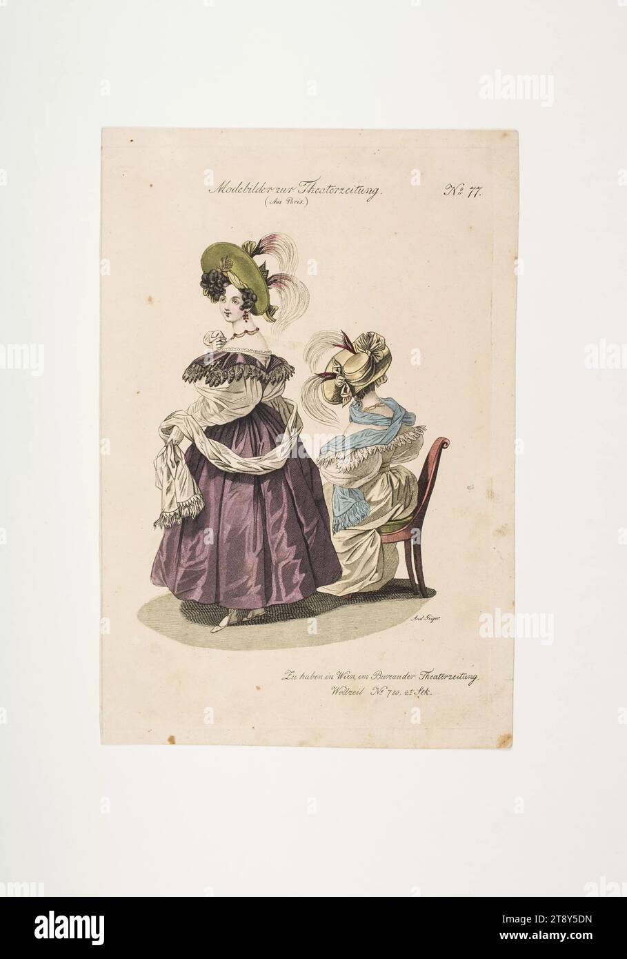 Foto di moda: Due personaggi, abiti da teatro, sconosciuto, 1833, carta, colorato, incisione su piastra di rivestimento, altezza 23, 4 cm, larghezza 15, 6 cm, dimensioni piastra 21, 9 x 14, 7 cm, moda, borghesia, Biedermeier, teatro, tavole di moda, copricapo, donna, vestito, abito, la Vienna Collection Foto Stock