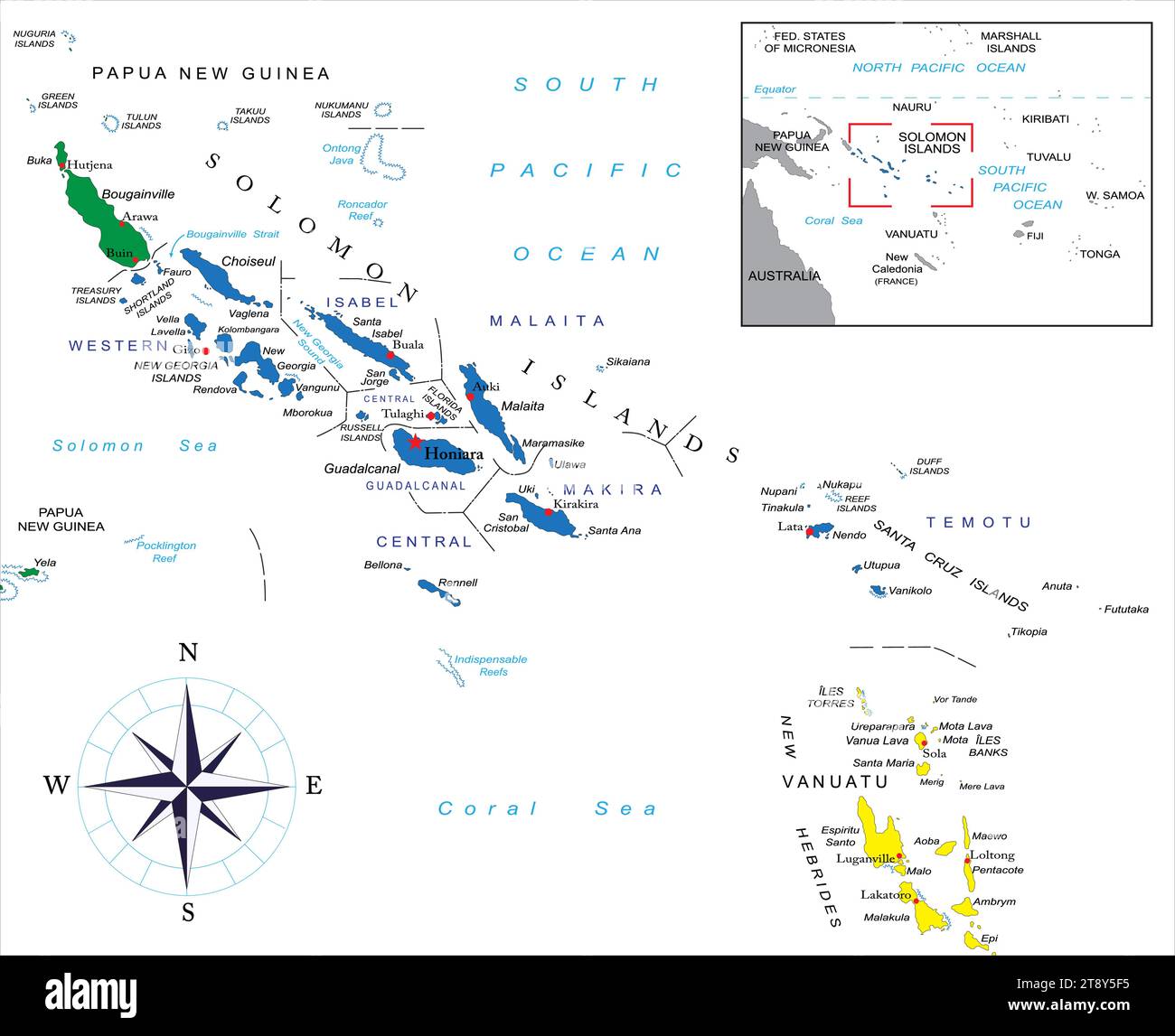 Mappa vettoriale politica altamente dettagliata delle isole Salomone con regioni amministrative e principali città. Illustrazione Vettoriale