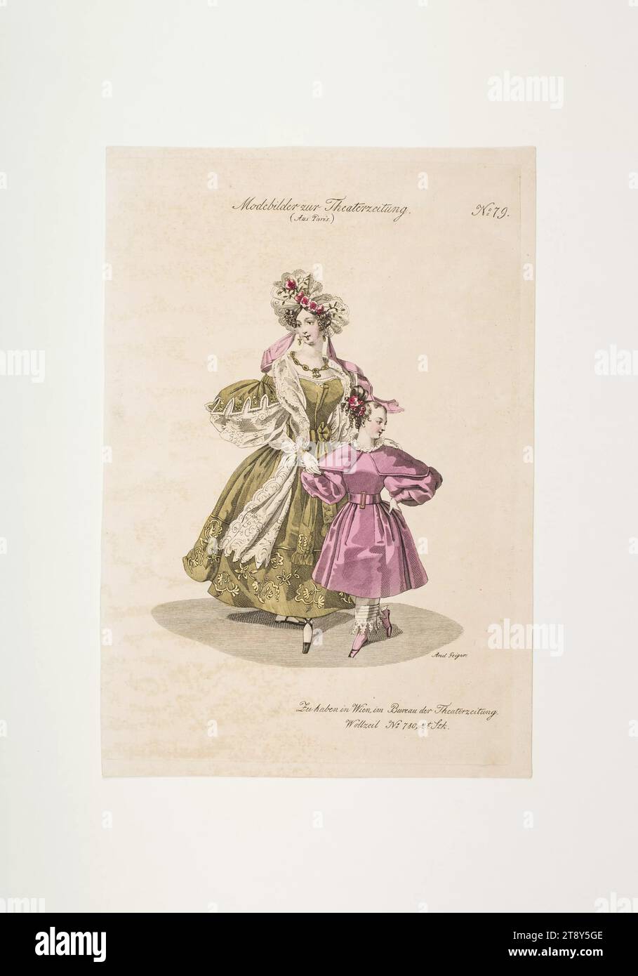 Foto di moda: Due figure, abiti per donne e bambini, sconosciuto, 1832, carta, colorata, incisione su piastra di rame, altezza 23, 4 cm, larghezza 16 cm, dimensione piastra 22, 3 x 15, 2 cm, moda, borghesia, Biedermeier, piatti alla moda, copricapo, moda, vestiti (+ vestiti per ragazze), abiti per ragazze, donna, bambino, vestito, Robe, la Vienna Collection Foto Stock