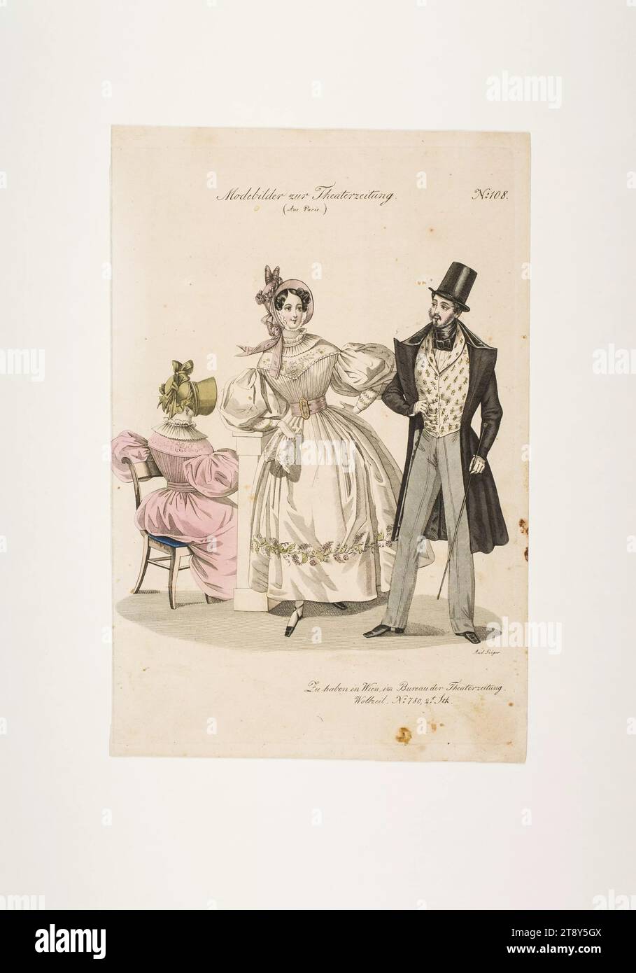 Foto di moda: Tre figure, due abiti da donna, un vestito da uomo, sconosciuto, 1832, carta colorata, incisione su lastre di rame, altezza 23, 4 cm, larghezza 15, 5 cm, dimensioni piastra 22, 1 x 14, 9 cm, moda, borghesia, Biedermeier, piatti di moda, copricapo, dandy, beau, cappotto, donna, uomo, abito, abito, la Vienna Collection Foto Stock