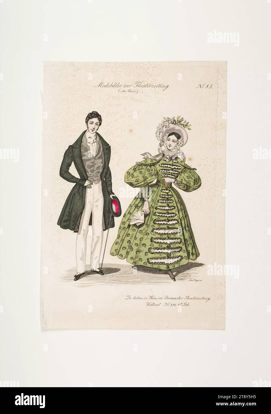 Foto della moda: Due figure, moda donna e uomo, sconosciuto, 1832, carta, colorata, incisione su piastra di rame, altezza 23, 4 cm, larghezza 16, 2 cm, dimensioni piastra 22, 2x15, 7 cm, moda, borghesia, Biedermeier, tabelloni, copricapo, dandy, beau, cappotto, donna, uomo, vestito, abito, la Vienna Collection Foto Stock