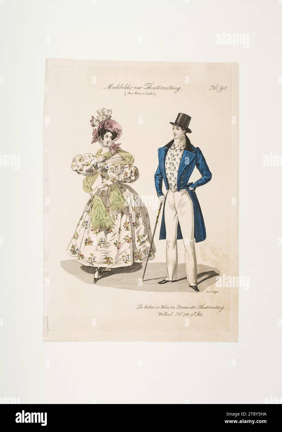 Foto di moda: Due figure, abiti da donna e uomo, sconosciuto, 1832, carta, colorata, incisione su piastra di rame, altezza 23, 4 cm, larghezza 16, 5 cm, dimensioni piastra 22, 1 x 15, 4 cm, moda, borghesia, Biedermeier, piatti alla moda, bretelle di fissaggio, dandy, beau, cappotto, donna, uomo, vestito, abito, la Vienna Collection Foto Stock