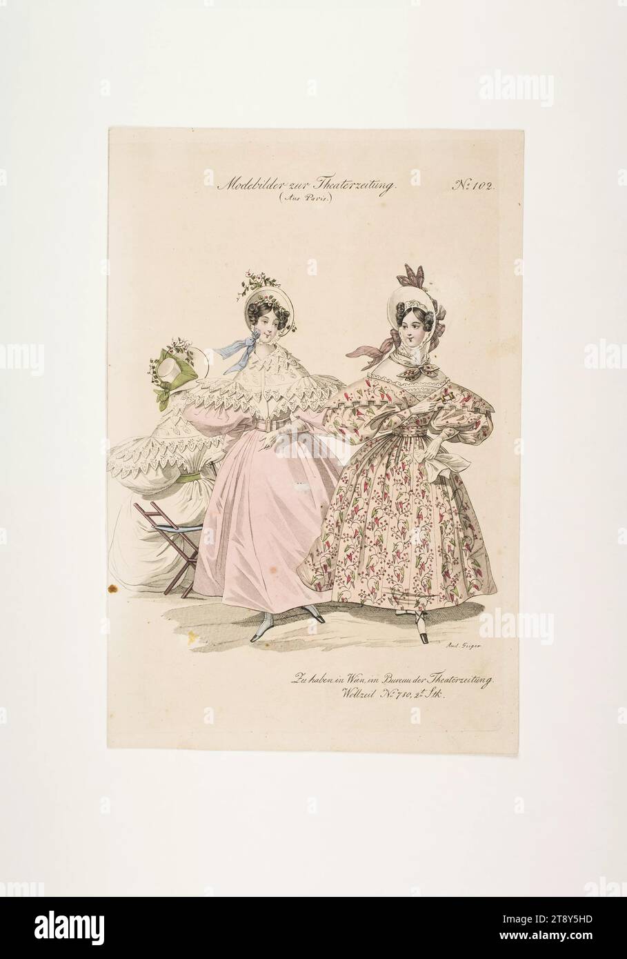 Foto di moda: Tre figure, abiti estivi femminili, sconosciuto, 1832, carta, colorato, incisione su piastra di rivestimento, altezza 23, 4 cm, larghezza 15, 6 cm, dimensioni piastra 22, 2 x 15 cm, moda, borghesia, Biedermeier, piatti alla moda, copricapo, donna, vestito, Robe, la Vienna Collection Foto Stock