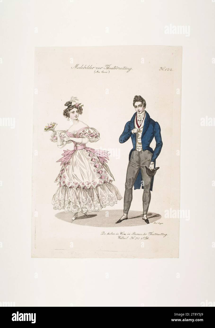 Foto di moda: Due figure, abito da ballo per signore e signori, sconosciuto, 1833, carta, colorata, incisione su piastra di rame, altezza 23, 4 cm, larghezza 16, 3 cm, dimensioni piastra 21, 7 x 14, 9 cm, moda, Biedermeier, borghesia, Biedermeier, danza, feste e celebrazioni pubbliche, costumi, vita notturna, tavole di moda, copricapo, dandy, bello, vestito, abito: palla, cappotto, donna, uomo, vestito, abito, la Vienna Collection Foto Stock
