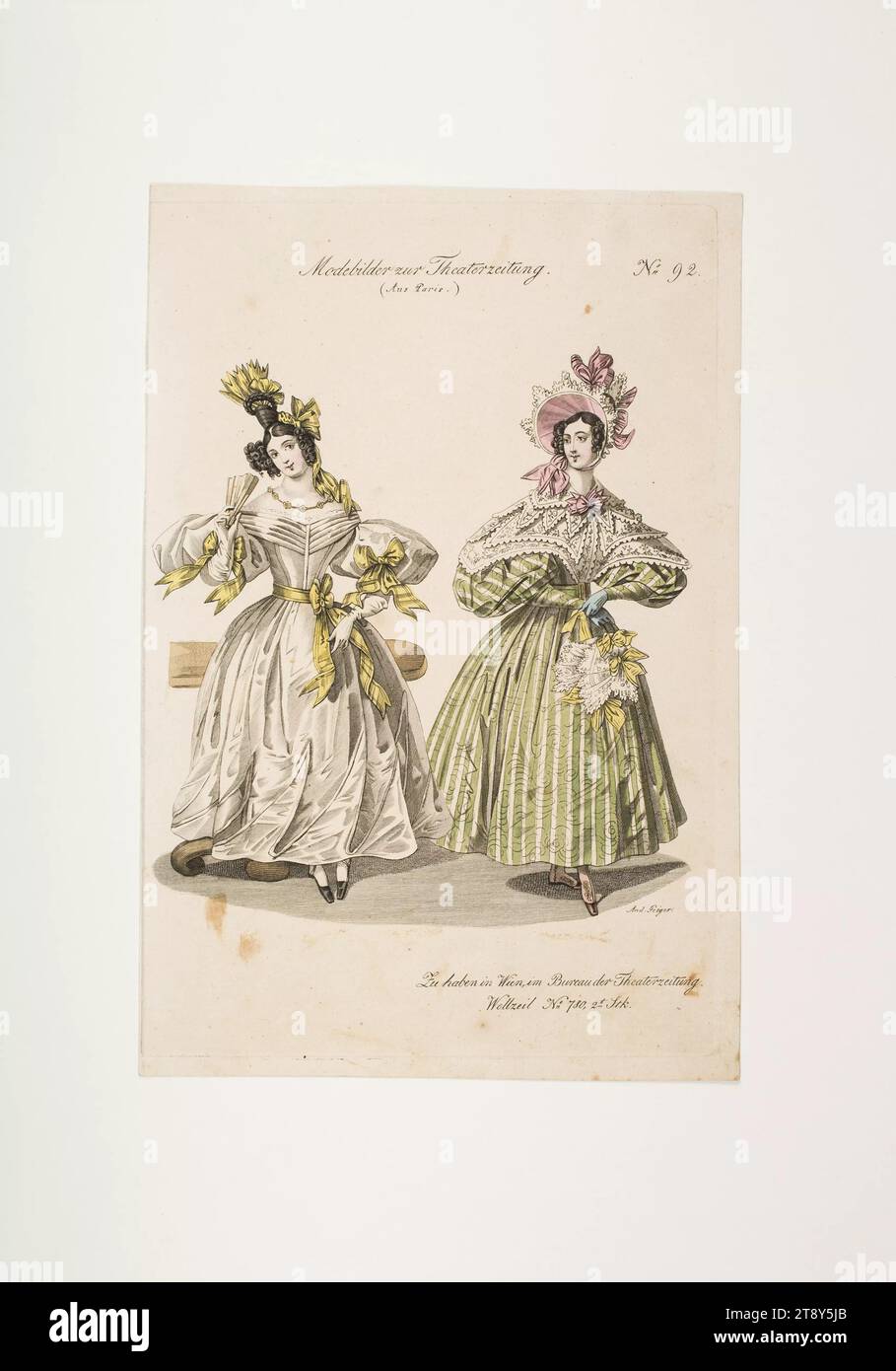 Foto di moda: Due personaggi, palla e abito da passeggio, sconosciuto, 1832, carta, colorata, incisione su piastra di rame, altezza 23, 4 cm, larghezza 15, 9 cm, dimensioni piastra 22, 4 x 15, 2 cm, moda, borghesia, Biedermeier, danza, feste e celebrazioni pubbliche, costumi, vita notturna, tavole di moda, copricapo, abito, abito: palla, donna, abito, abito, la Vienna Collection Foto Stock