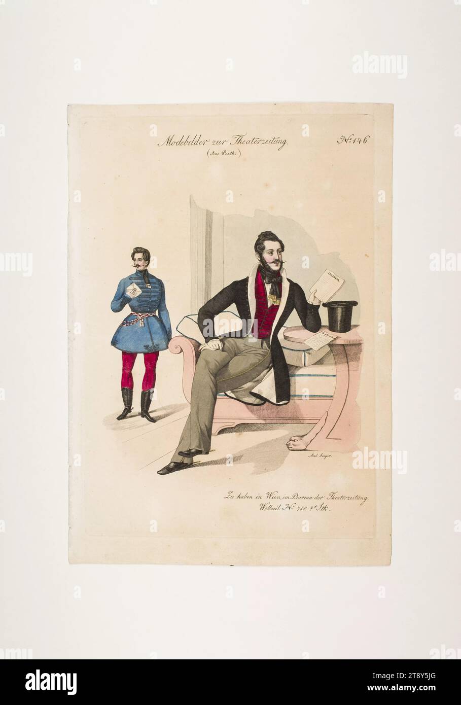 Foto della moda: Due figure, abiti da uomo ungheresi, sconosciuto, 1833, carta, colorato, incisione su piastra di rivestimento, altezza 23, 4 cm, larghezza 16, 5 cm, dimensioni piastra 21, 4 x 14, 9 cm, moda, borghesia, Biedermeier, piatti alla moda, bretella di fissaggio, cappotto, amico, la Vienna Collection Foto Stock