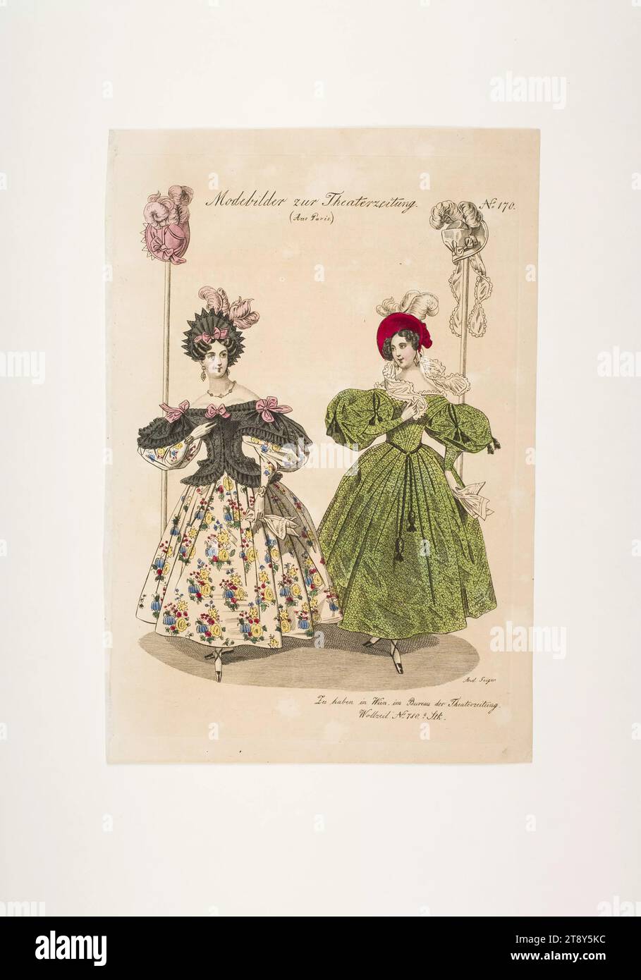 Foto di moda: Due figure, abiti da donna, sconosciuto, 1833, carta, colorato, incisione su piastra di rivestimento, altezza 23, 4 cm, larghezza 15, 8 cm, dimensioni piastra 21, 5 x 14, 8 cm, moda, borghesia, Biedermeier, piatti di moda, copricapo, donna, abito, abito, la Vienna Collection Foto Stock