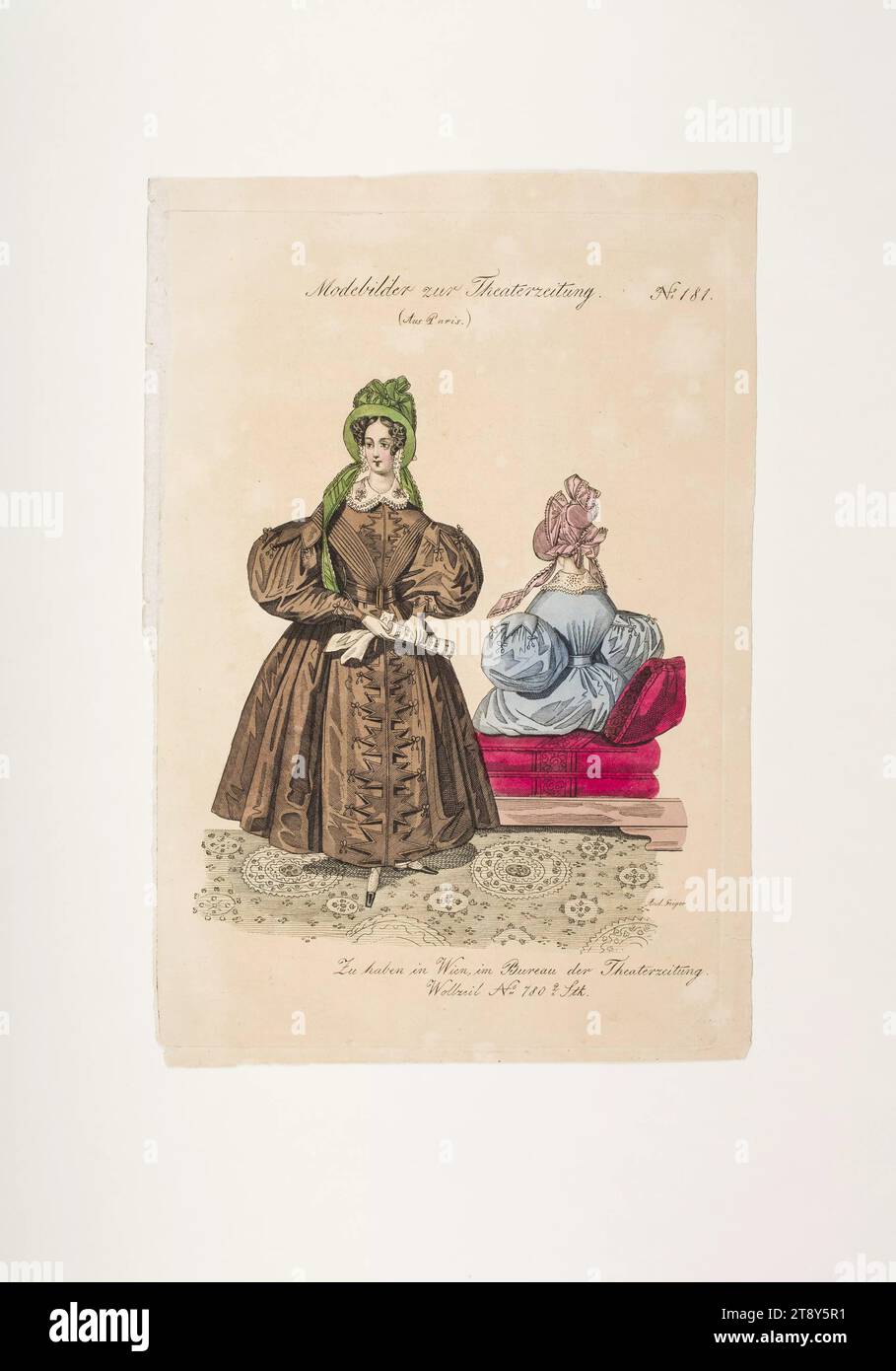 Foto di moda: Due figure, abiti da donna, sconosciuto, 1833, carta, colorato, incisione su piastra di rivestimento, altezza 23, 4 cm, larghezza 15, 8 cm, dimensioni piastra 22 x 14, 9 cm, moda, borghesia, Biedermeier, piatti alla moda, copricapo, donna, vestito, abito, la Vienna Collection Foto Stock