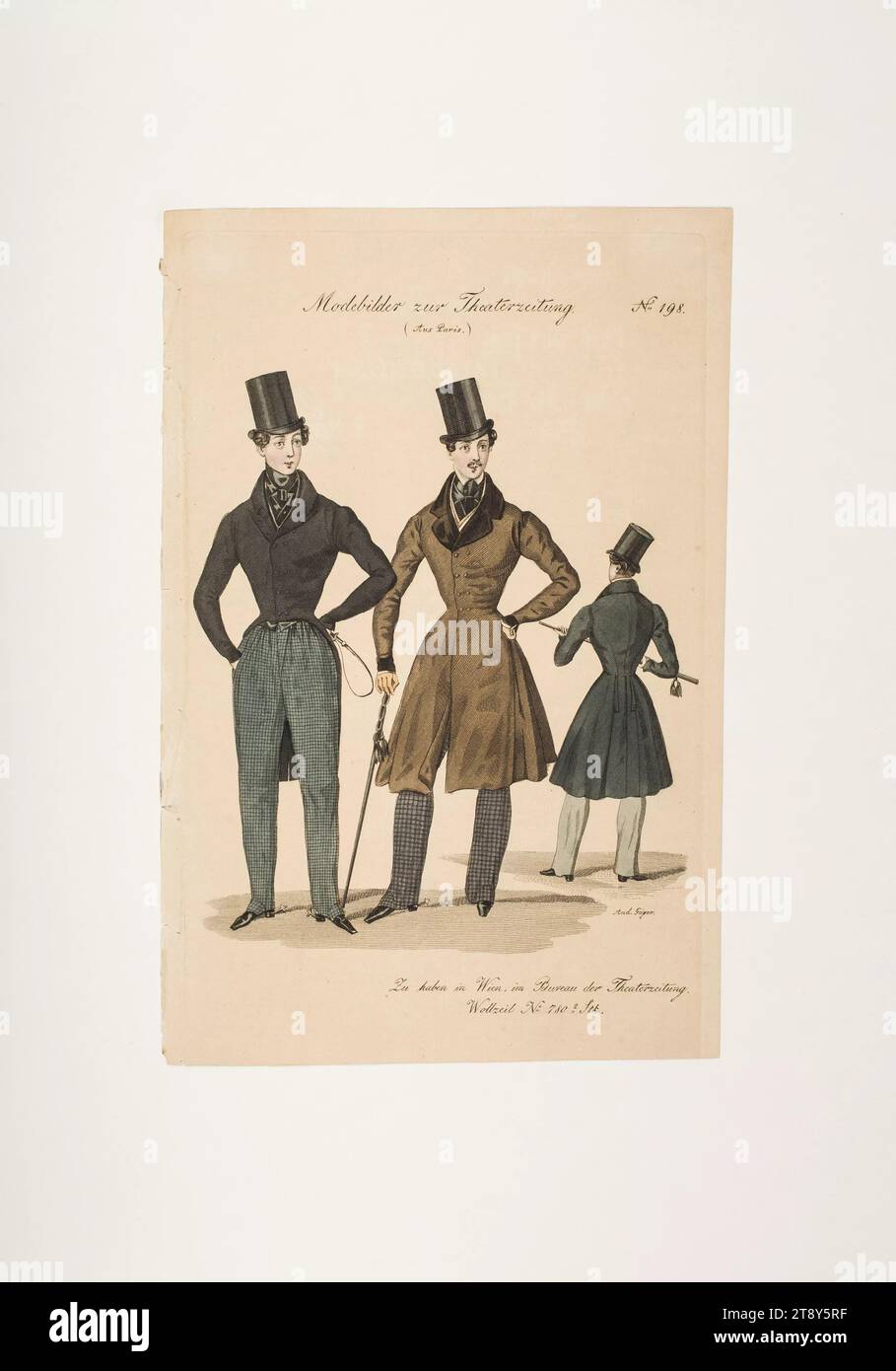 Foto di moda: Tre figure, abiti da uomo, sconosciuto, 1834, carta, colorato, piastra in rame, altezza 22, 4 cm, larghezza 14, 9 cm, dimensioni piastra 21, 8 x 13, 7 cm, moda, Biedermeier, piatti alla moda, bretelle di fissaggio, dandy, beau, cappotto, amico, la Vienna Collection Foto Stock