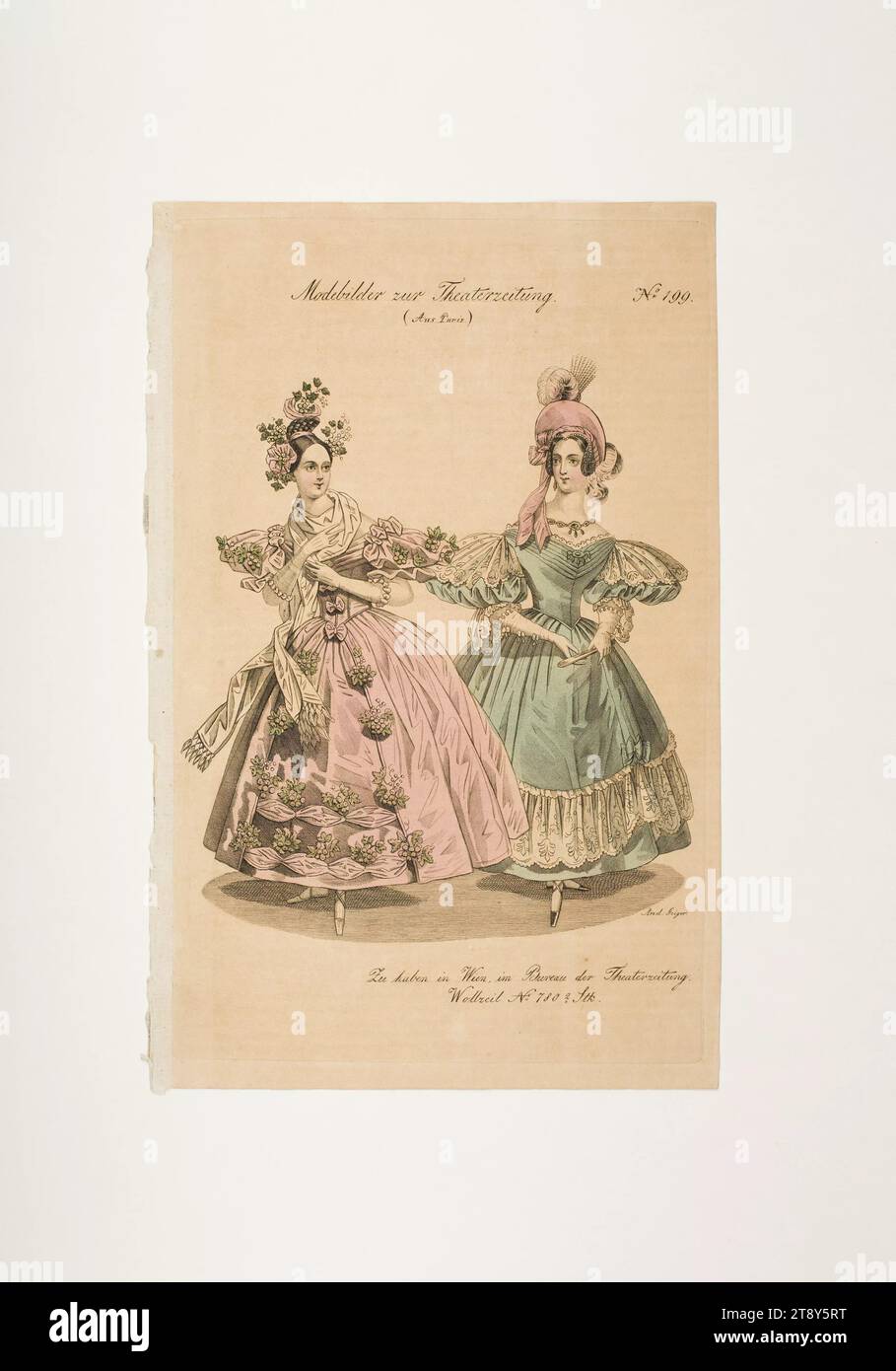 Foto di moda: Due figure, palla e abito formale, sconosciuto, 1834, carta, colorata, incisione su piastra di rame, altezza 23, 4 cm, larghezza 15, 1 cm, dimensioni piastra 22, 2 x 14 cm, moda, borghesia, Biedermeier, danza, festival pubblici e celebrazioni, costumi, vita notturna, tavole di moda, copricapo, abito da sera: abito da ballo, abito per le occasioni ufficiali, donna, abito, abito da sera, collezione Vienna Foto Stock