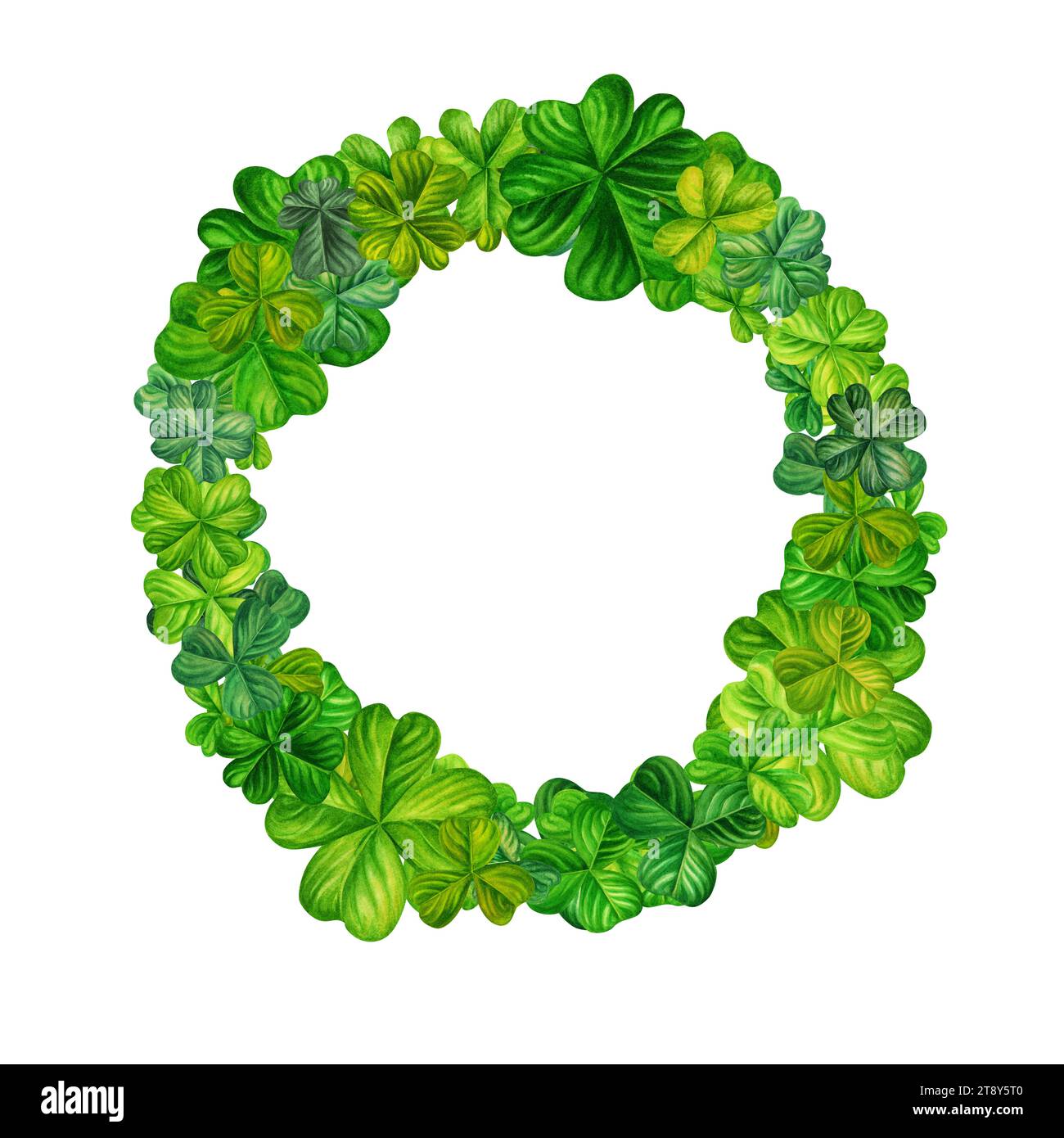 Corona di acquerelli con trifoglio verde e sciamassi quatrefoil. Disegno di una brillante illustrazione di gioielli per St. Patrick's Day, magia, tesori, wis Foto Stock