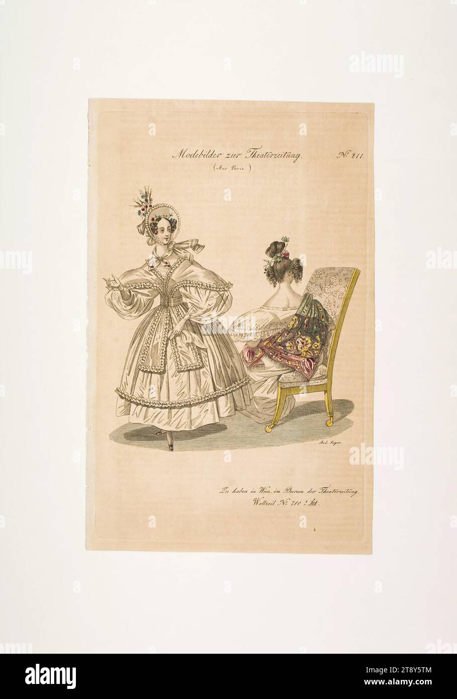 Foto della moda: Due figure, abiti da donna, sconosciuto, 1834, carta, colorato, incisione su lastre di rame, altezza 23, 4 cm, larghezza 14, 9 cm, dimensioni piastra 22, 1 x 14 cm, moda, borghesia, piatti alla moda, copricapo, donna, vestito, abito, la Vienna Collection Foto Stock