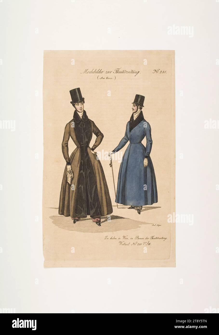 Foto della moda: Due figure, soprabiti da uomo, sconosciuto, 1834, carta, colorato, incisione su lastre di rame, altezza 23, 4 cm, larghezza 14, 3 cm, dimensioni piastra 21, 8 x 13, 8 cm, moda, borghesia, piatti di moda, copricapo, dandy, beau, cappotto, amico, la Vienna Collection Foto Stock