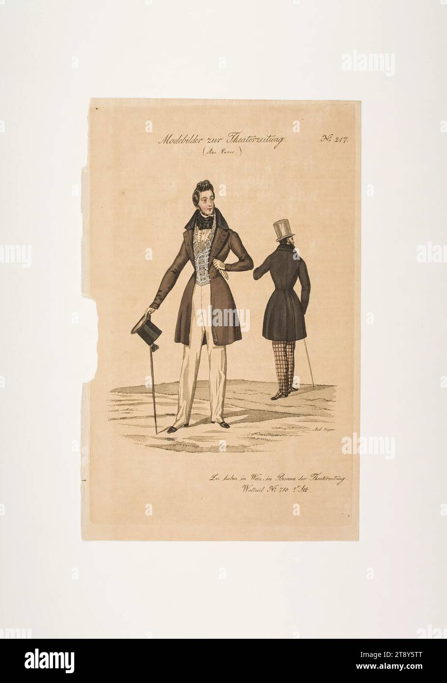 Foto della moda: Due figure, moda maschile, sconosciuto, 1834, carta, colorato, incisione su lastre di rame, altezza 23, 4 cm, larghezza 14, 7 cm, dimensioni piastra 22, 1 x 13, 9 cm, moda, borghesia, piatti di moda, copricapo, dandy, beau, cappotto, amico, la Vienna Collection Foto Stock
