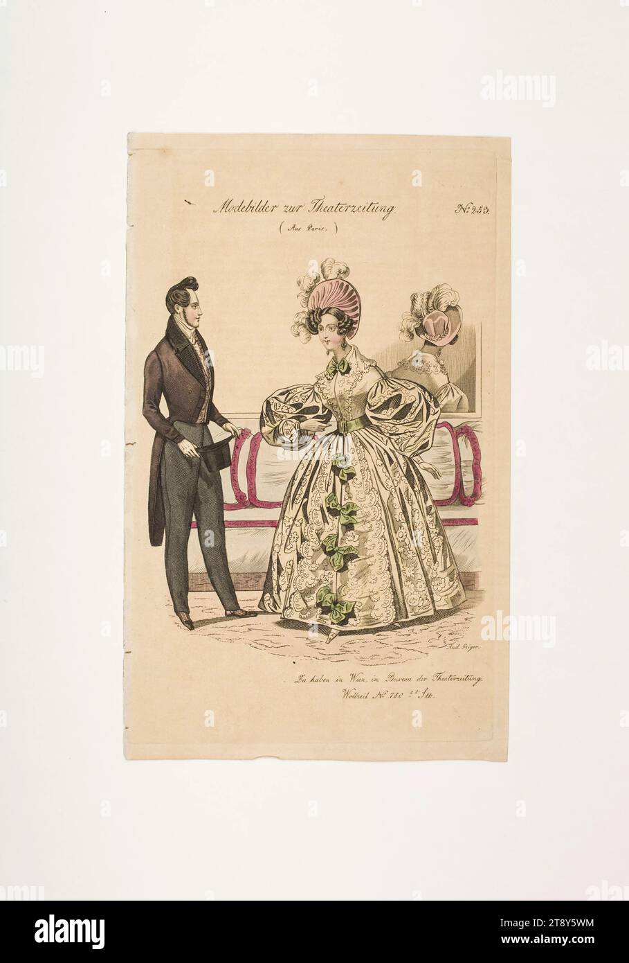 Foto della moda: Tre figure, abito sociale maschile, bagno in visita delle donne, sconosciuto, 1835, carta, colorata, incisione su lastre di rame, altezza 23, 5 cm, larghezza 14, 5 cm, dimensioni piastra 22, 2 x 13, 9 cm, moda, borghesia, feste e celebrazioni pubbliche, piatti di moda, copricapo, dandy, beau, abiti per occasioni ufficiali, cappotto, donna, uomo, vestito, abito, la Vienna Collection Foto Stock