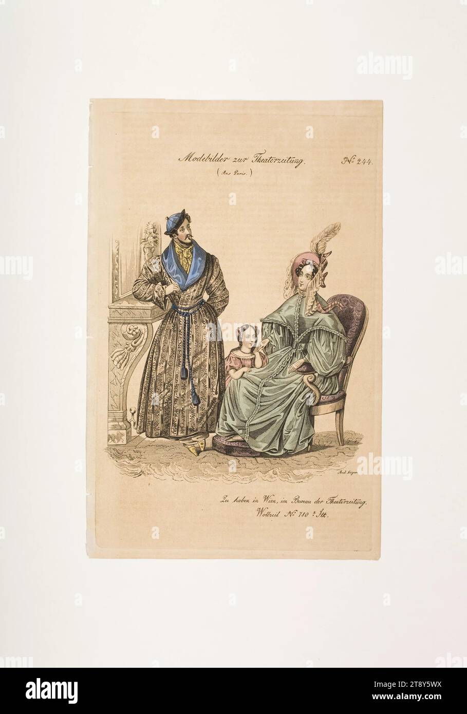 Piatto di moda: Tre figure, abito da casa dell'uomo, abito da donna e da ragazza, sconosciuto, 1834, carta, colorato, incisione su piastra di rame, altezza 23, 2 cm, larghezza 14, 9 cm, dimensioni piastra 22 x 14 cm, moda, borghesia, famiglia, piatti di moda, copricapo, dandy, beau, cappotto, moda, abbigliamento (+ vestiti per bambine), vestito per bambine, donna, uomo, bambino, abito, abito, la Vienna Collection Foto Stock