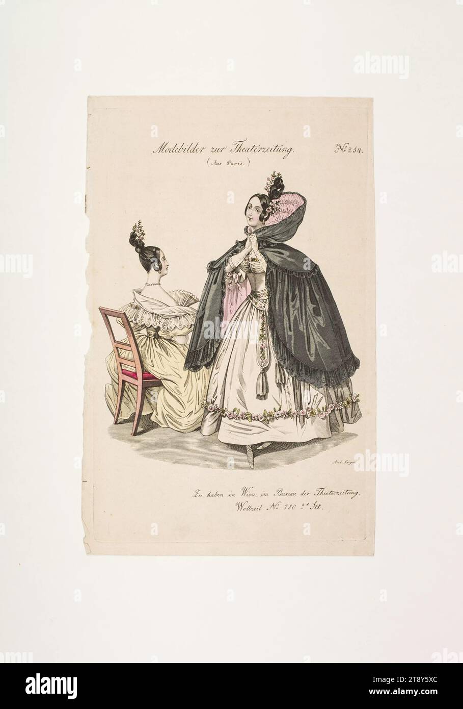 Foto di moda: Due figure, abiti a sfera, sconosciuto, 1835, carta, colorato, incisione su lastre di rame, altezza 23, 4 cm, larghezza 15 cm, dimensioni piastra 22, 1 x 13, 9 cm, moda, borghesia, danza, vita notturna, Biedermeier, costumi, piatti di moda, copricapo, abito, abito: palla, donna, vestito, abito, la Vienna Collection Foto Stock