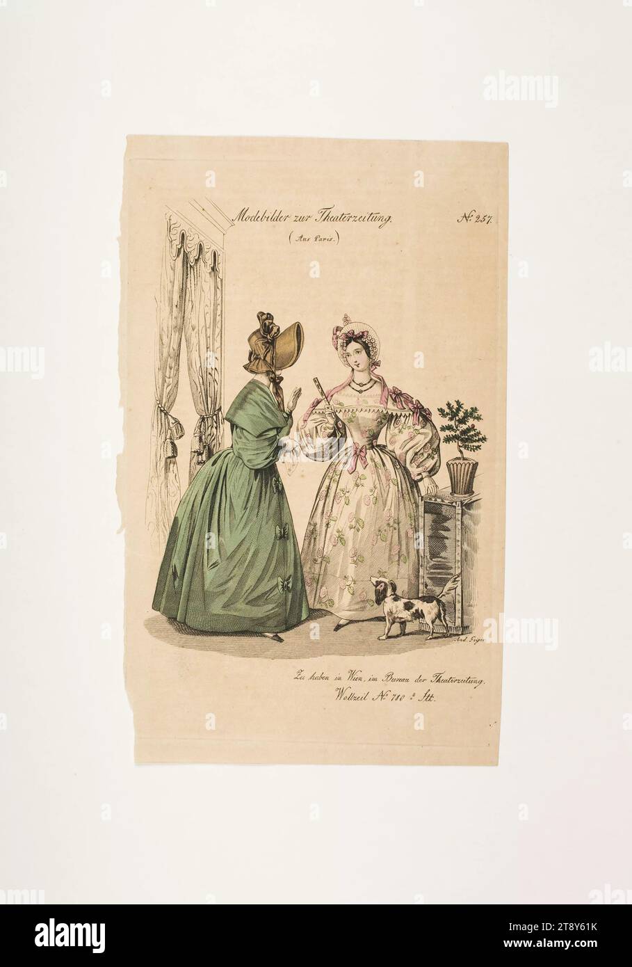Foto di moda: Due figure, abito da casa femminile e toilette in visita, sconosciuto, 1835, carta, colorata, incisione su piastra di rame, altezza 23, 4 cm, larghezza 14, 1 cm, dimensioni piastra 21, 7 x 13, 6 cm, moda, borghesia, Biedermeier, piatti alla moda, copricapo, donna, vestito, abito, la Vienna Collection Foto Stock