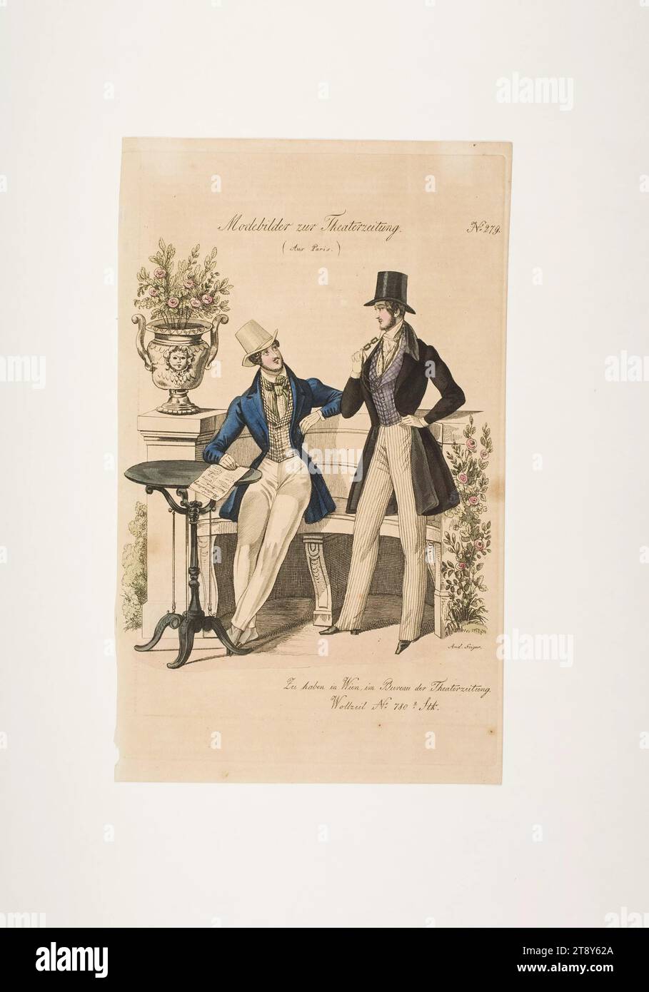 Foto della moda: Due figure, moda maschile, sconosciuto, 1835, carta, colorato, incisione su lastre di rame, altezza 23, 4 cm, larghezza 14, 2 cm, dimensioni piastra 22, 2x13, 9 cm, moda, borghesia, piatti di moda, copricapo, dandy, beau, cappotto, amico, la Vienna Collection Foto Stock