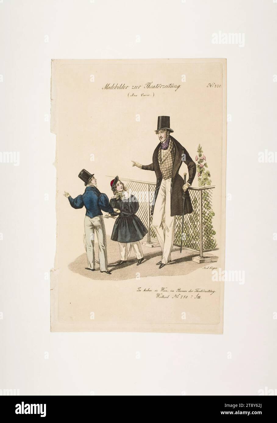 Foto di moda: Tre figure, moda uomo e bambino, sconosciuto, 1835, carta, colorata, incisione su piastra di rame, altezza 23, 4 cm, larghezza 14, 8 cm, dimensioni piastra 22, 1 x 13, 9 cm, moda, borghesia, piatti alla moda, copricapo, dandy, beau, cappotto, moda, abbigliamento (+ abiti per bambini), uomo, bambino, The Vienna Collection Foto Stock