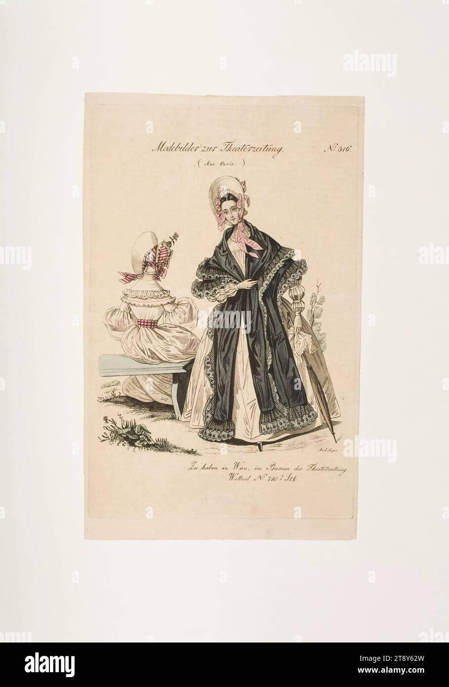 Foto della moda: Due figure, abiti da donna, sconosciuto, 1836, carta, colorato, incisione su lastre di rame, altezza 23, 4 cm, larghezza 14, 3 cm, dimensioni piastra 21, 6 x 14 cm, moda, borghesia, piatti alla moda, copricapo, donna, vestito, abito, la Vienna Collection Foto Stock