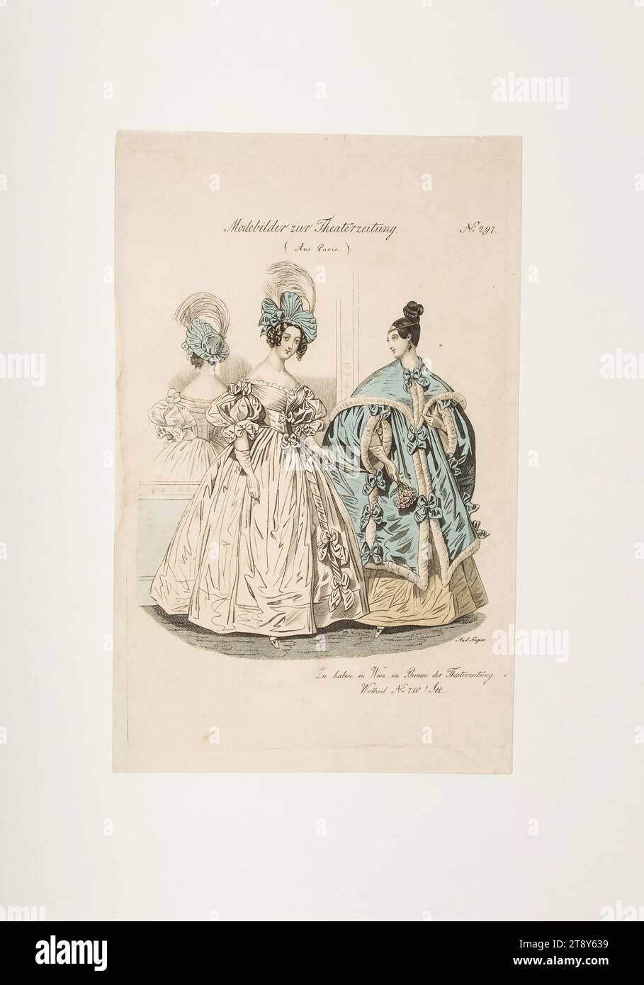 Foto di moda: Due figure, abiti a sfera, sconosciuto, 1836, carta, colorato, incisione su lastre di rame, altezza 23, 4 cm, larghezza 14, 7 cm, dimensioni piastra 21, 7 x 13, 8 cm, moda, borghesia, danza, vita notturna, costumi, feste e celebrazioni pubbliche, piatti di moda, copricapo, abito: palla, abiti per occasioni ufficiali, donna, abito, abito, la Vienna Collection Foto Stock